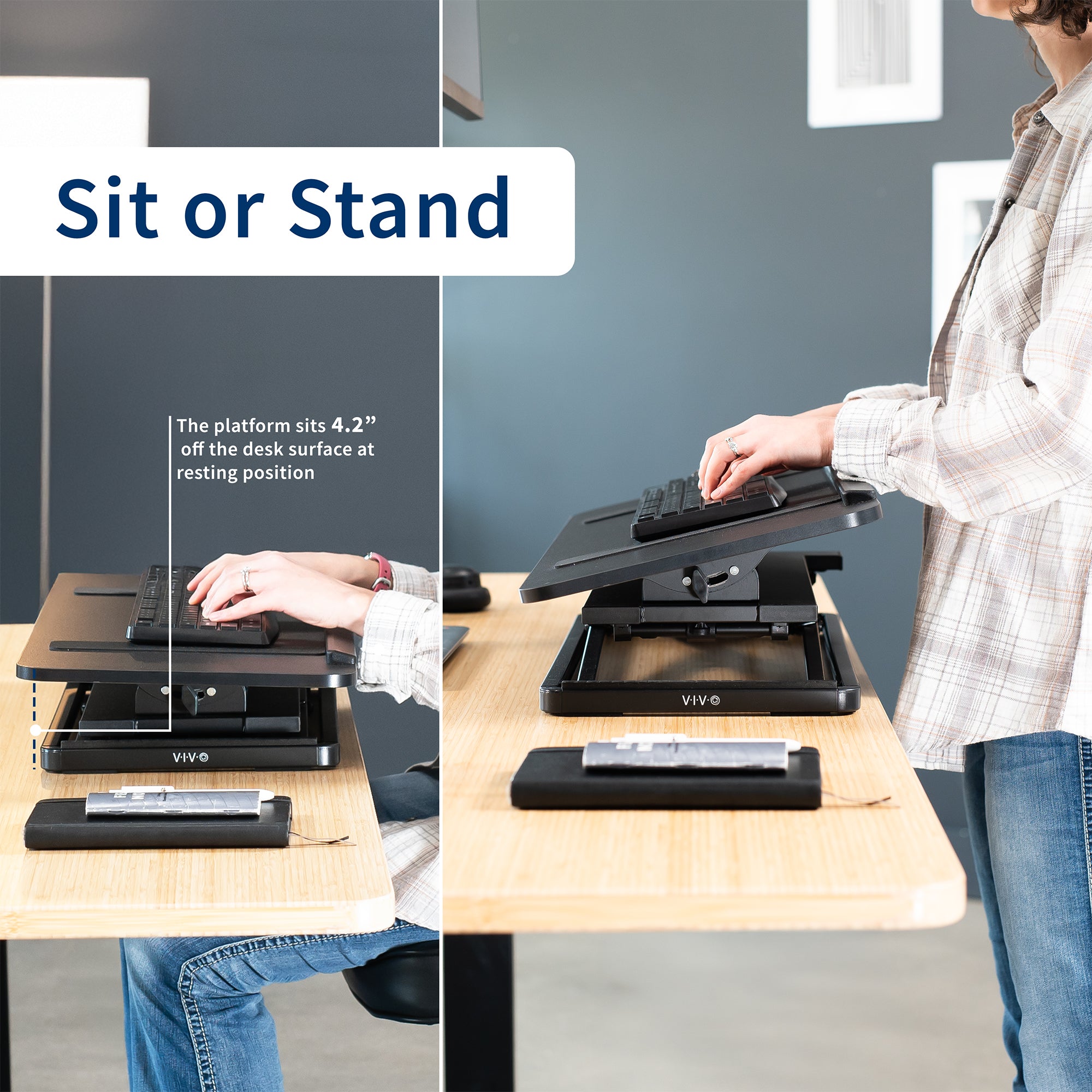 A black tilting keyboard riser with a woman typing at both a sitting and standing height.