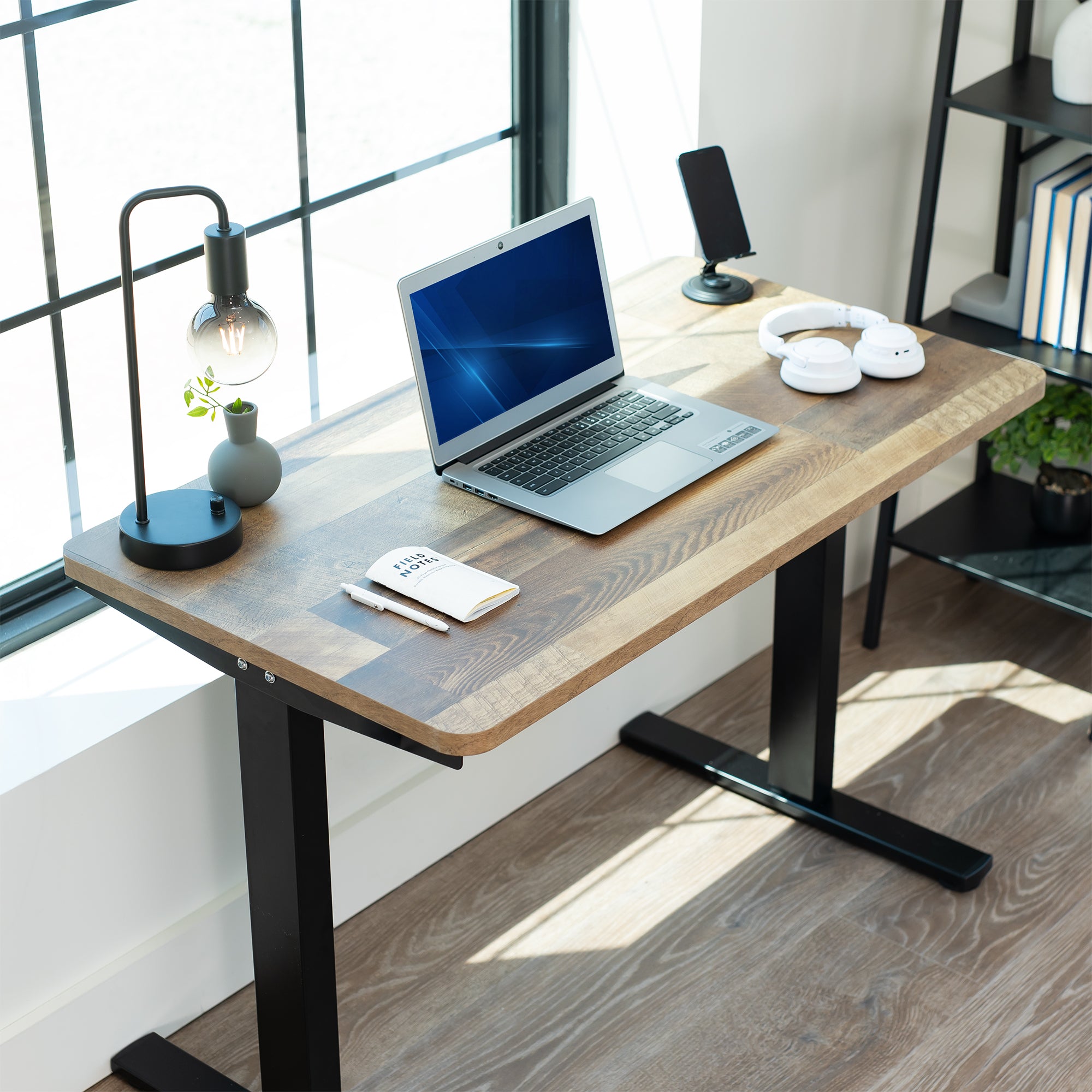 Reclaimed Wood 43in x 24in Particle Board Table Top on black frame in office setting