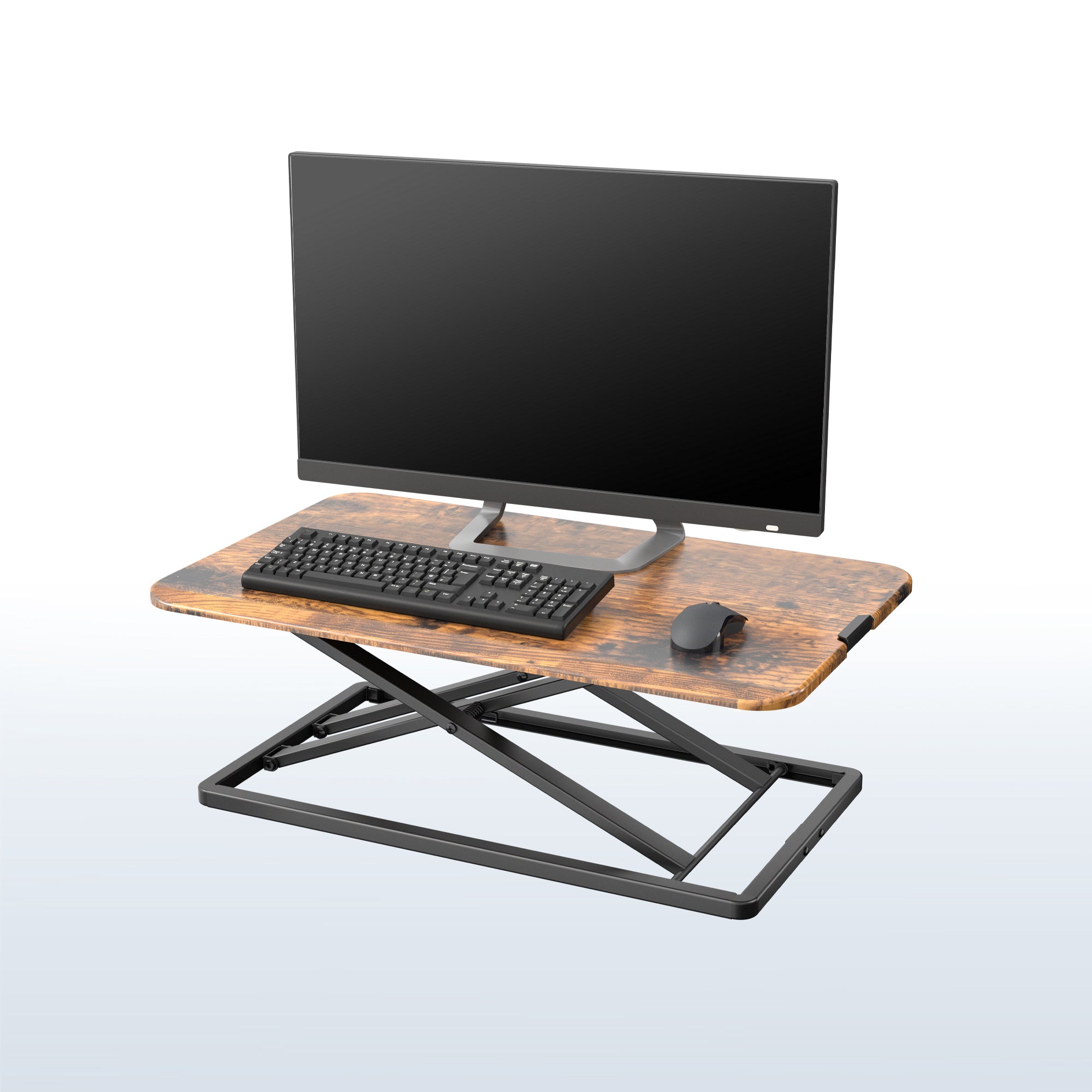 Vintage brown heavy-duty height adjustable desk converter monitor riser.