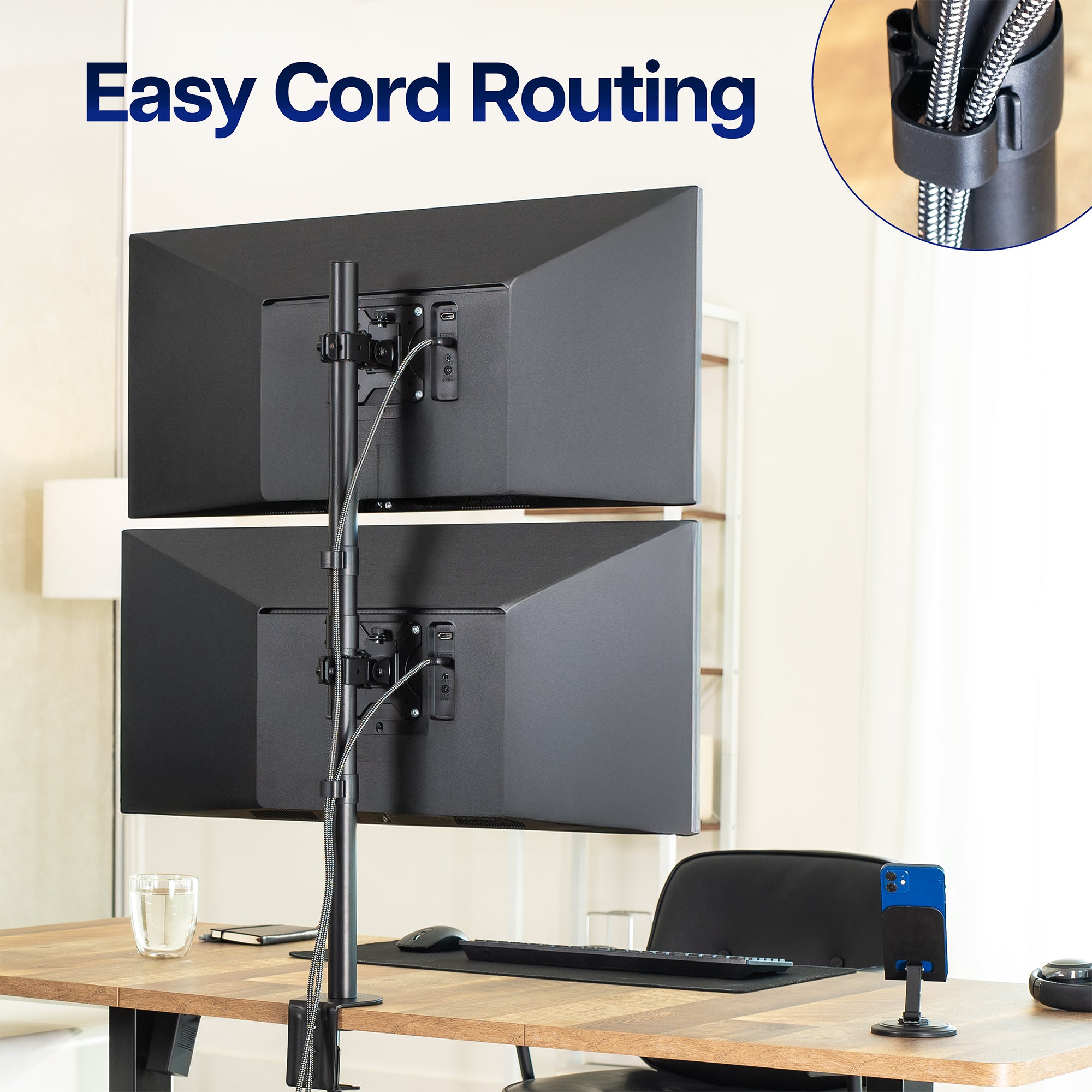 Dual monitor setup with a monitor stand and 'Easy Cord Routing' text.