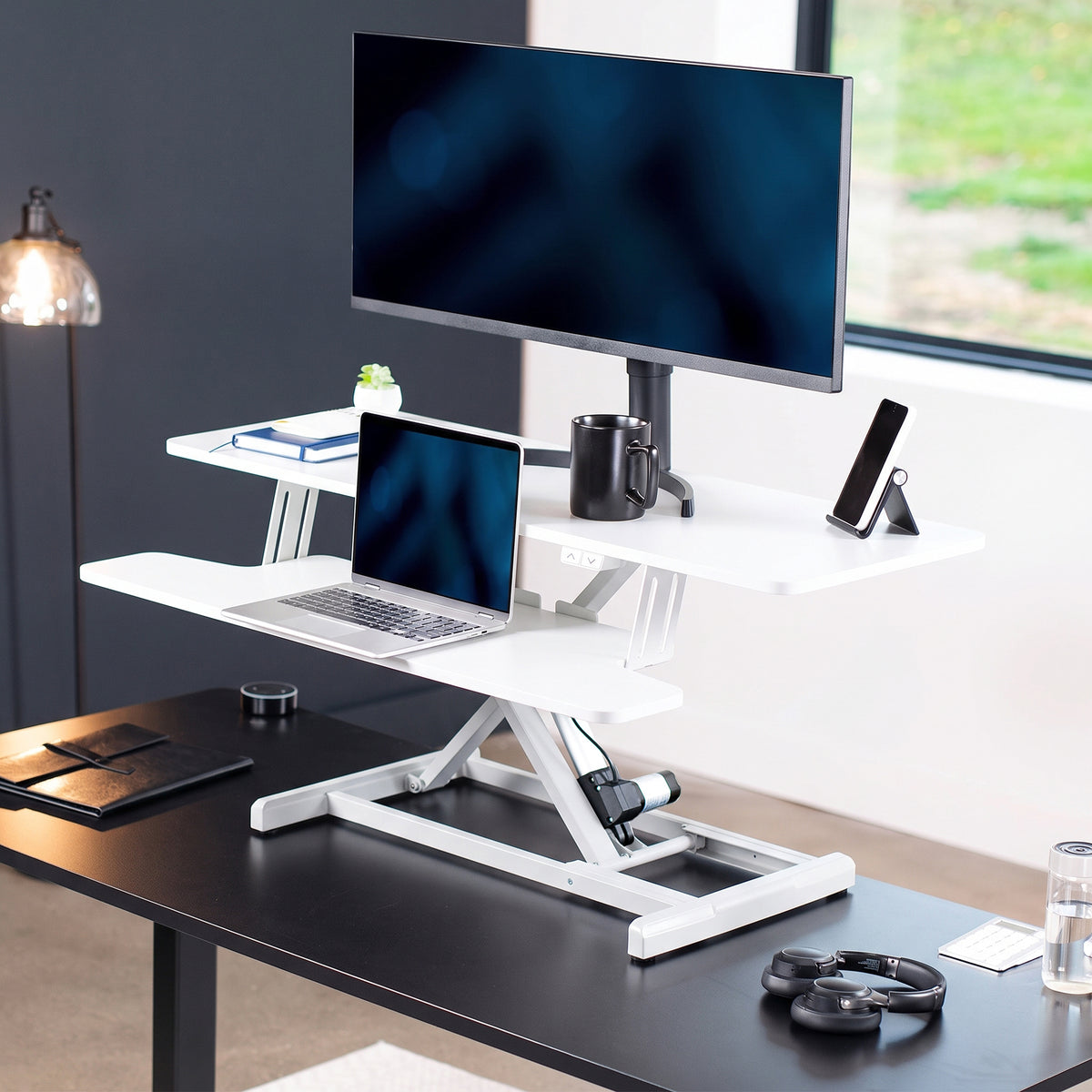 White Electric Motor Desk Converter, Height Adjustable Riser, Sit to Stand Dual Monitor and Laptop Workstation with Wide Keyboard Tray
