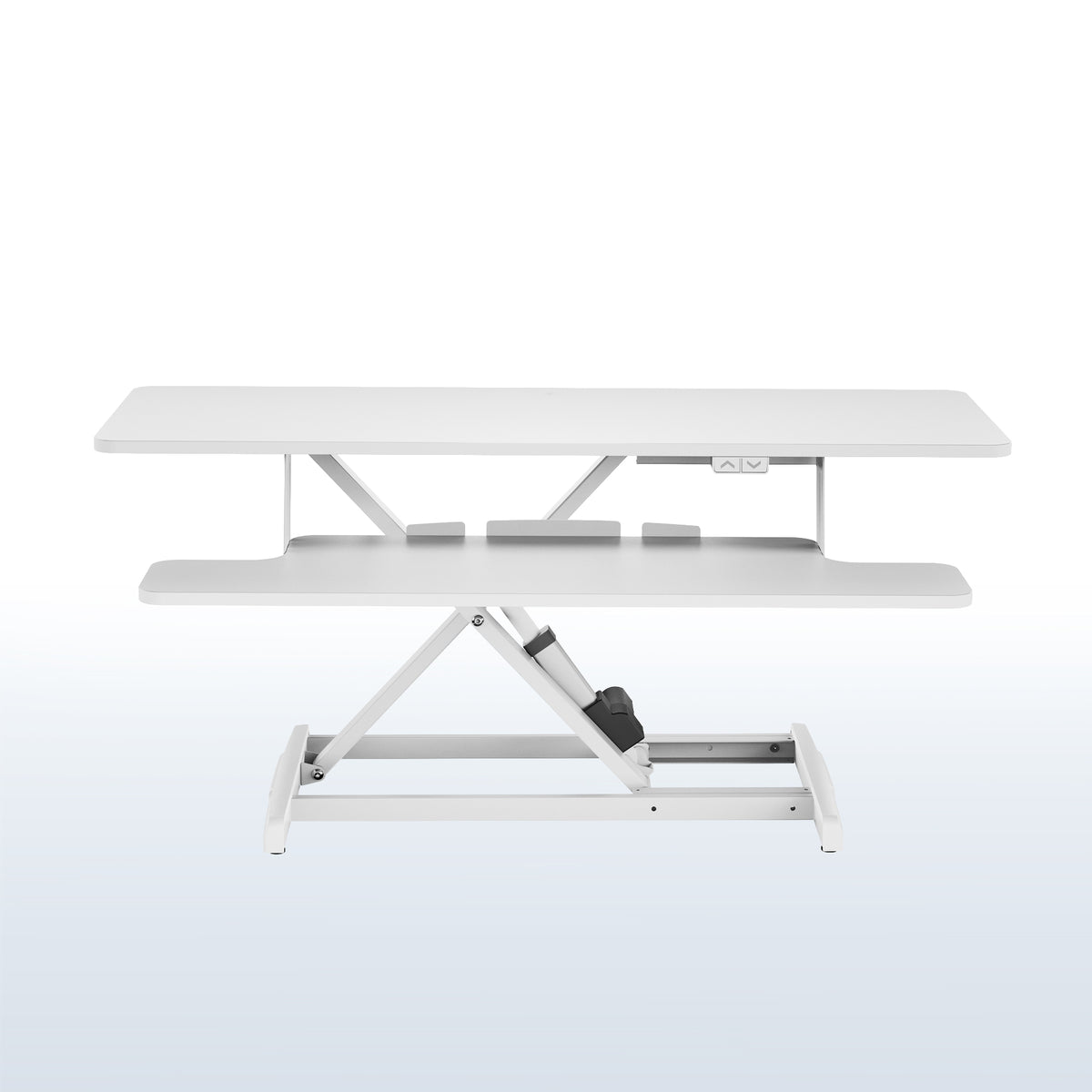 White Electric Motor Desk Converter, Height Adjustable Riser, Sit to Stand Dual Monitor and Laptop Workstation with Wide Keyboard Tray
