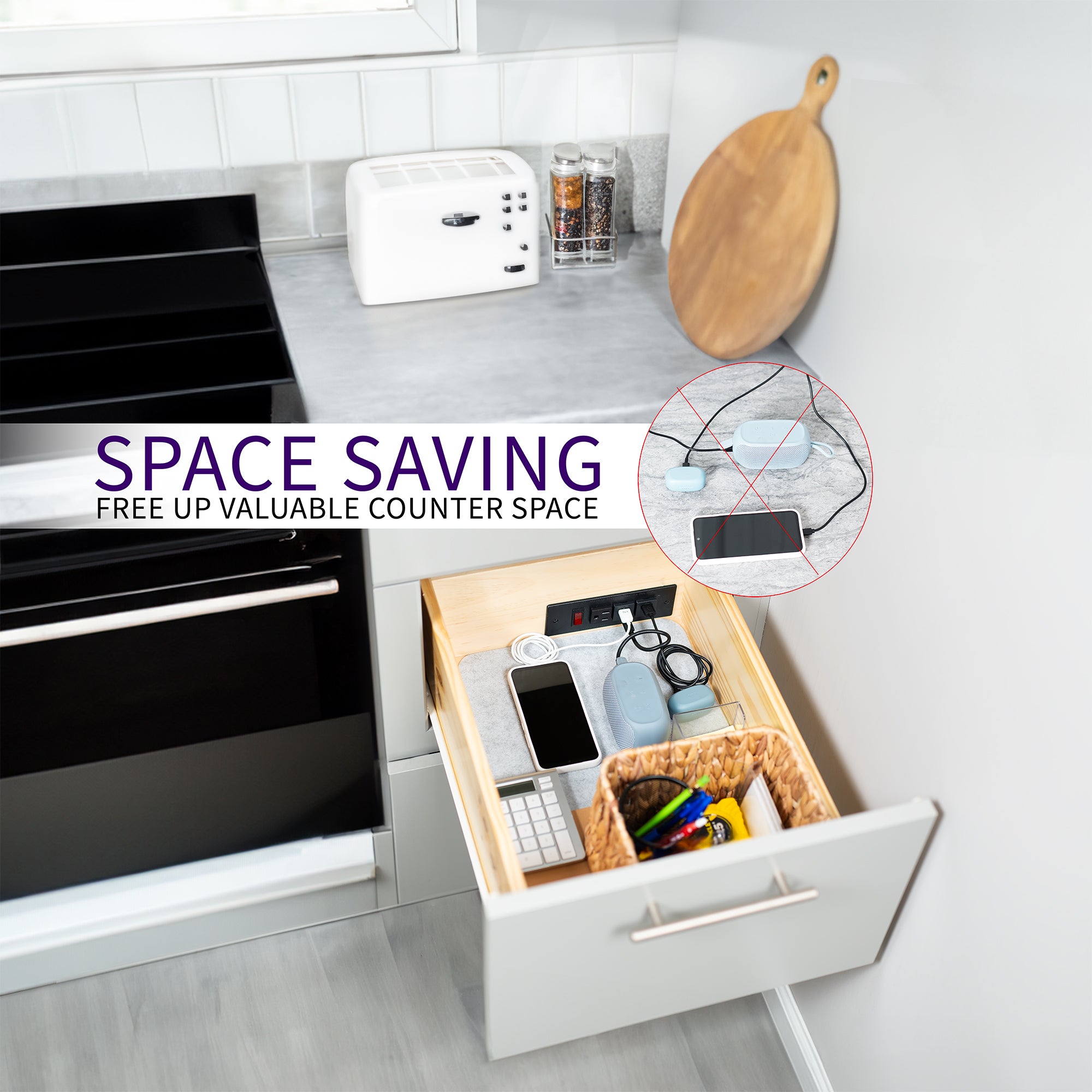 In-drawer charging station with AC outlet and USB ports.