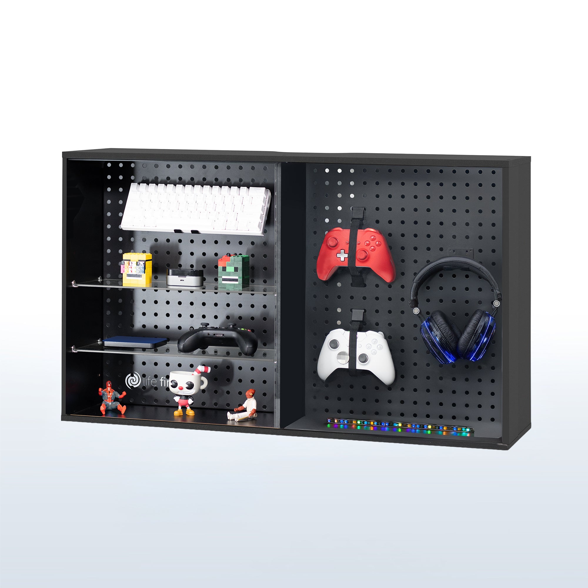 Pegboard cabinet with sliding glass doors for convenient storage and decor. Organization accessories are included and the glass shelves are height adjustable. Use as a freestanding display or wall mount to wood studs, brick, or concrete with hardware and instructions included.