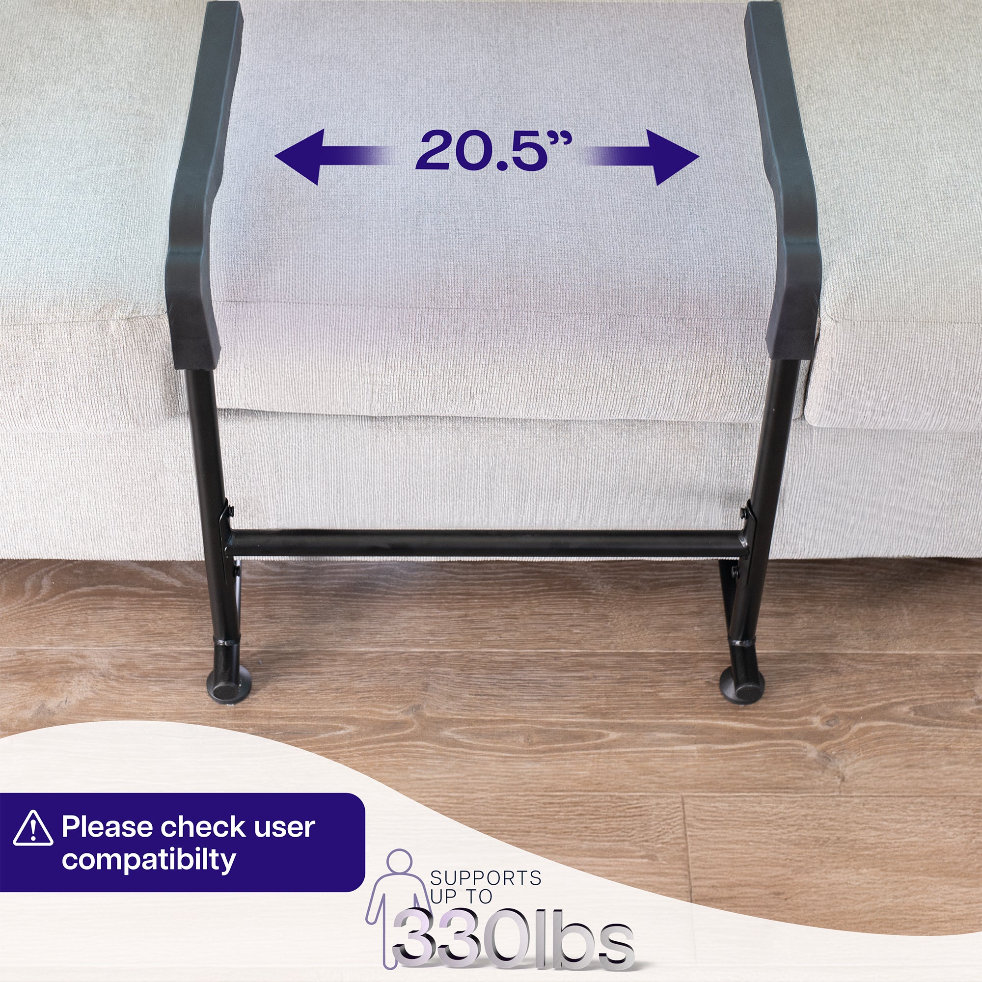 Stand assist bar with dimensions labeled and weight capacity text on a wooden floor.