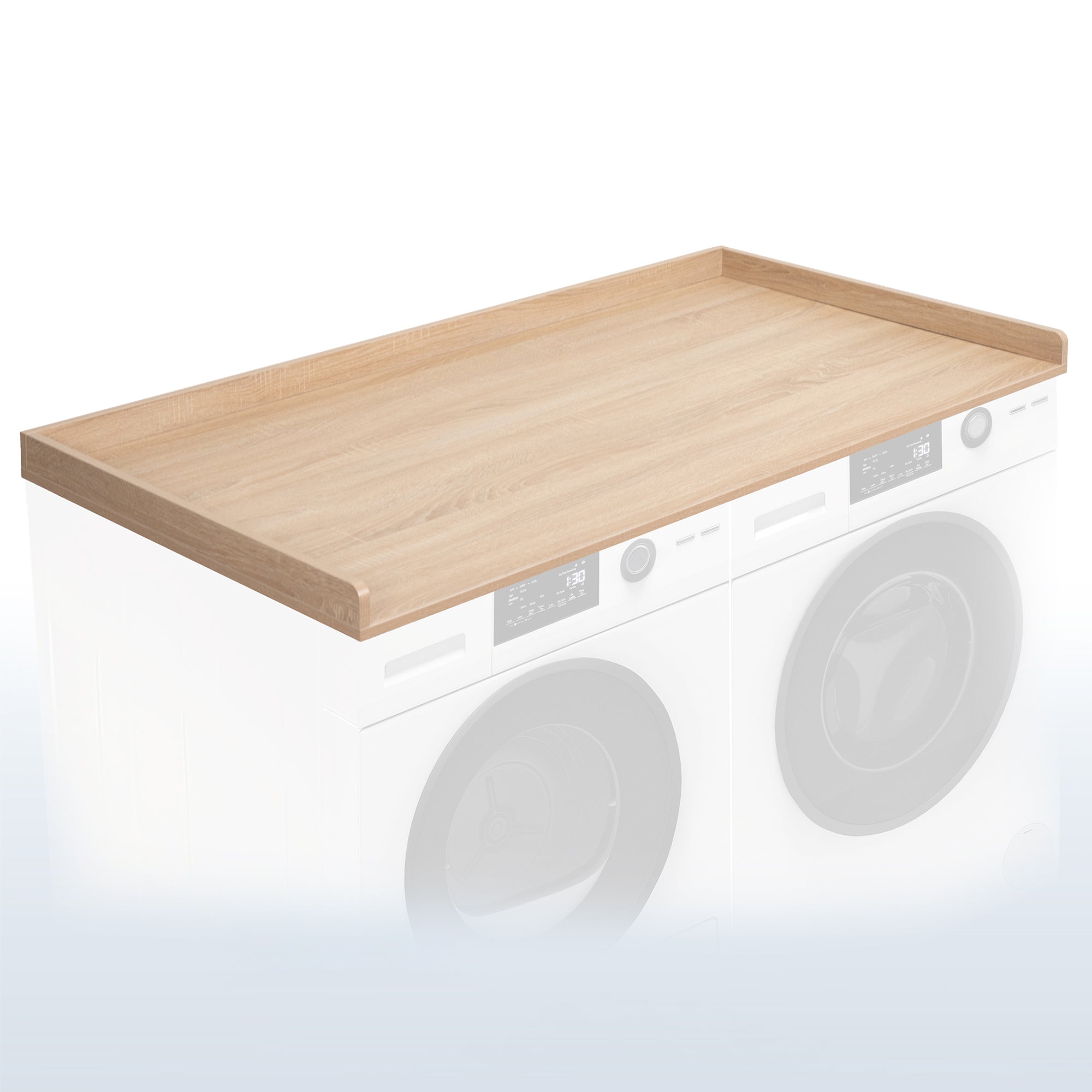 Modern light wood washer / dryer countertop with safety lip to create surface space for convenient storage and organization.