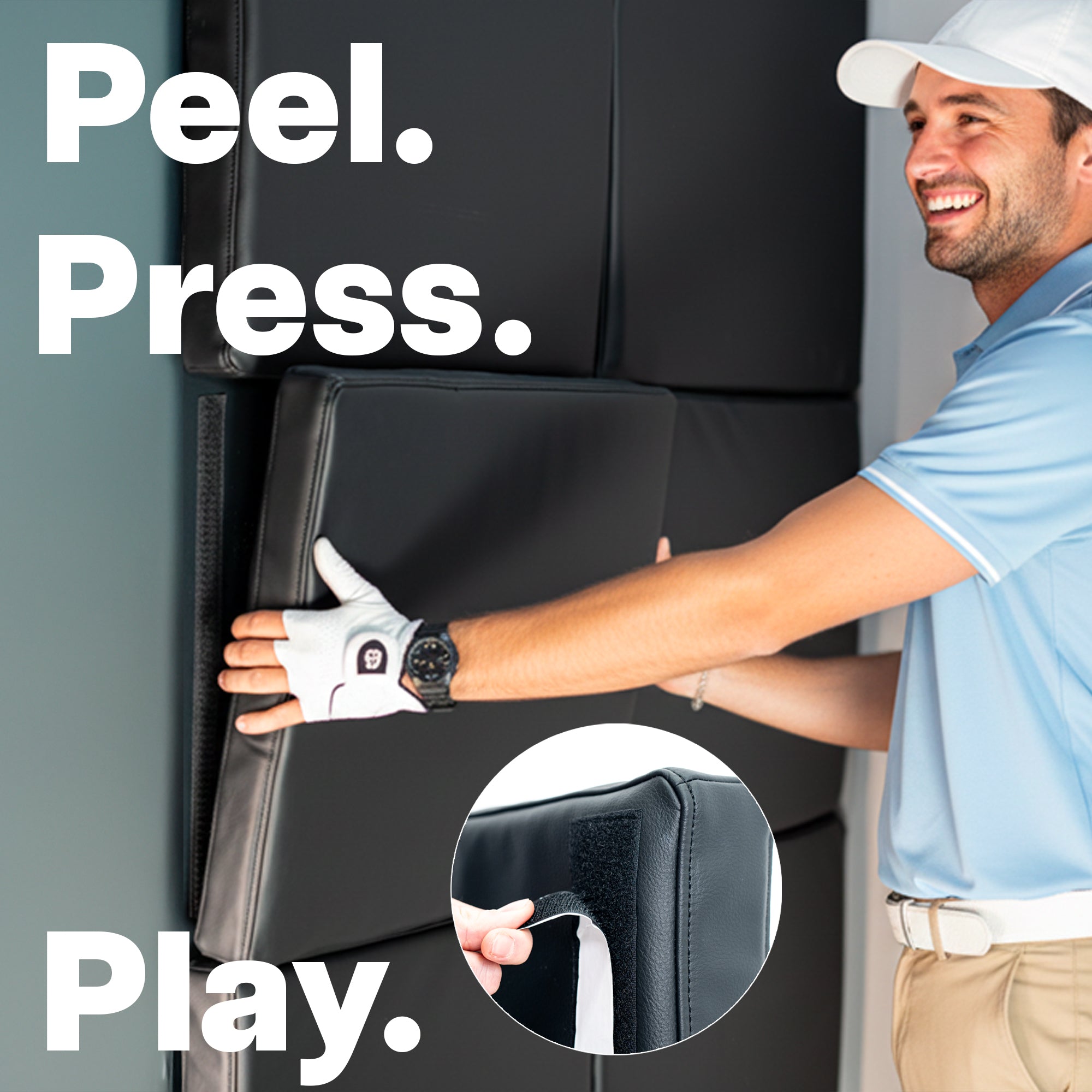 Man using a golf wall pad with text 'Peel. Press. Play.'