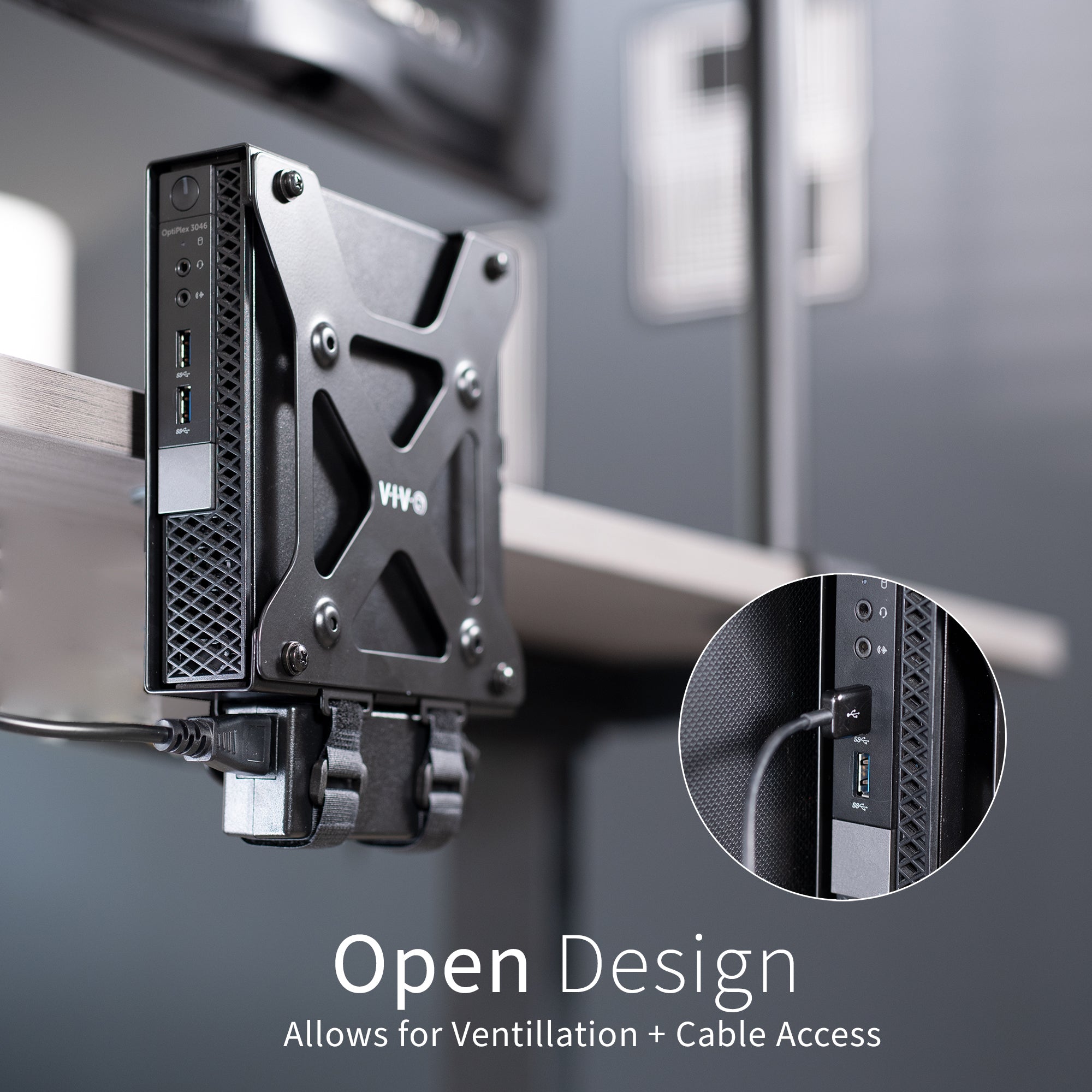 Mount Designed for Dell OptiPlex Micro with an open design for ventilation and cable access, on a blurred background.