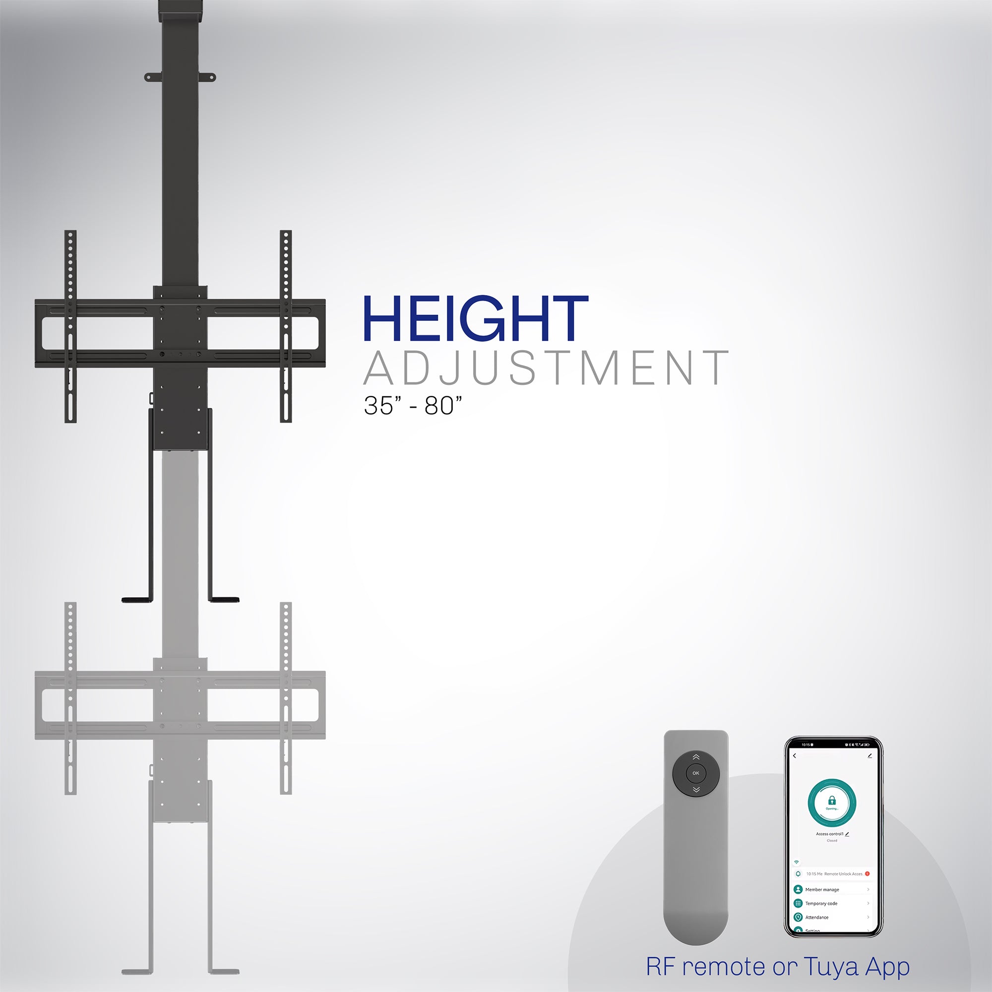 A motorized large TV mount with remote control, showing a flat panel TV attached to a ceiling mount with an extension pole.