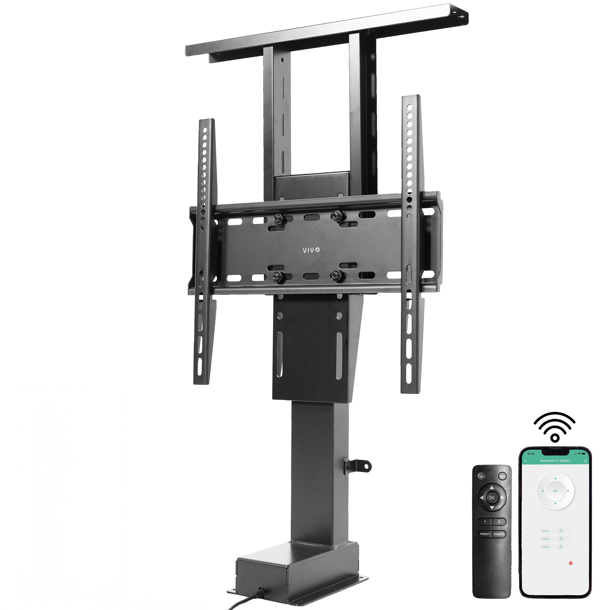 A motorized TV stand in black color with a remote control, compatible with different TVs.
