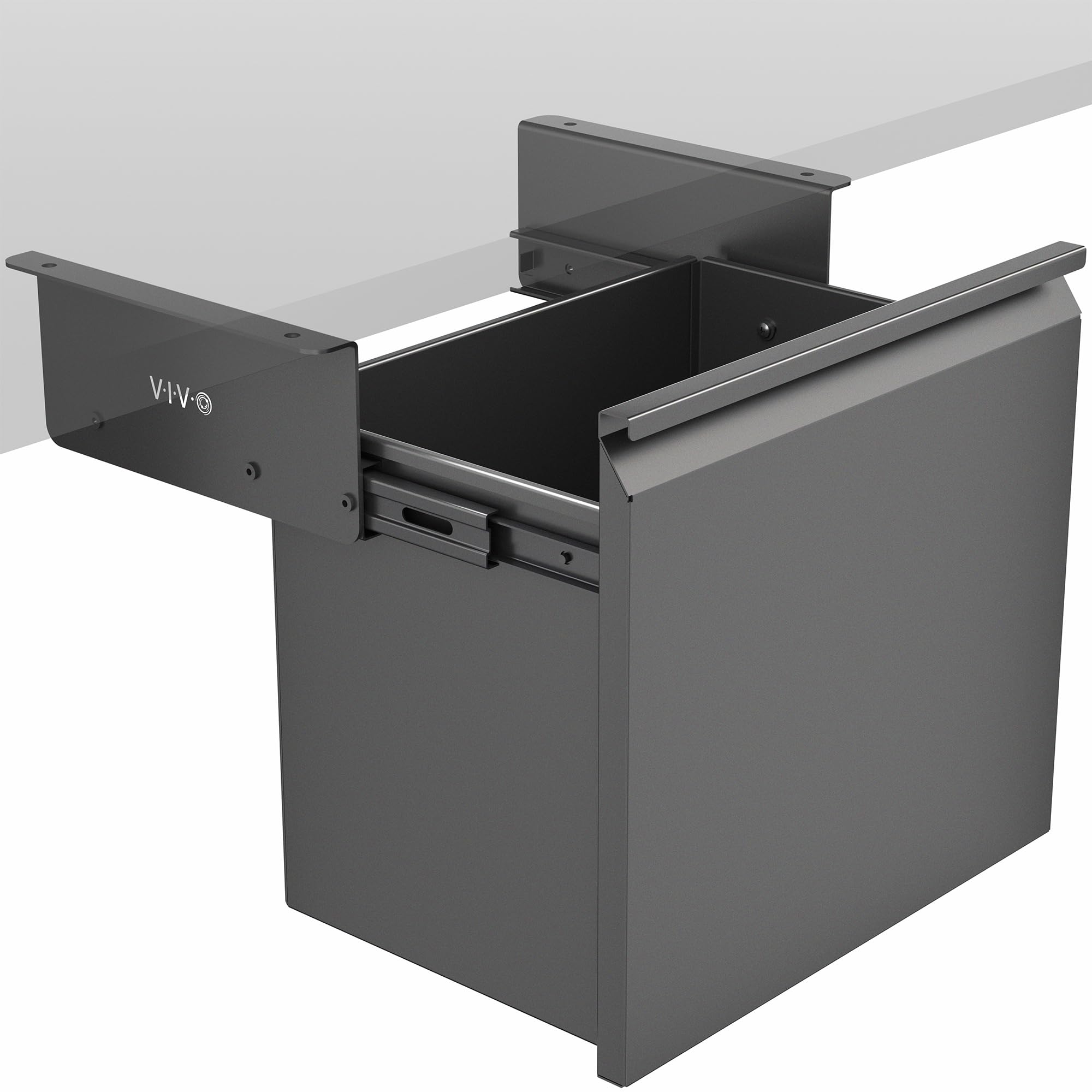 Black, steel under desk filing cabinet shown on a white background.