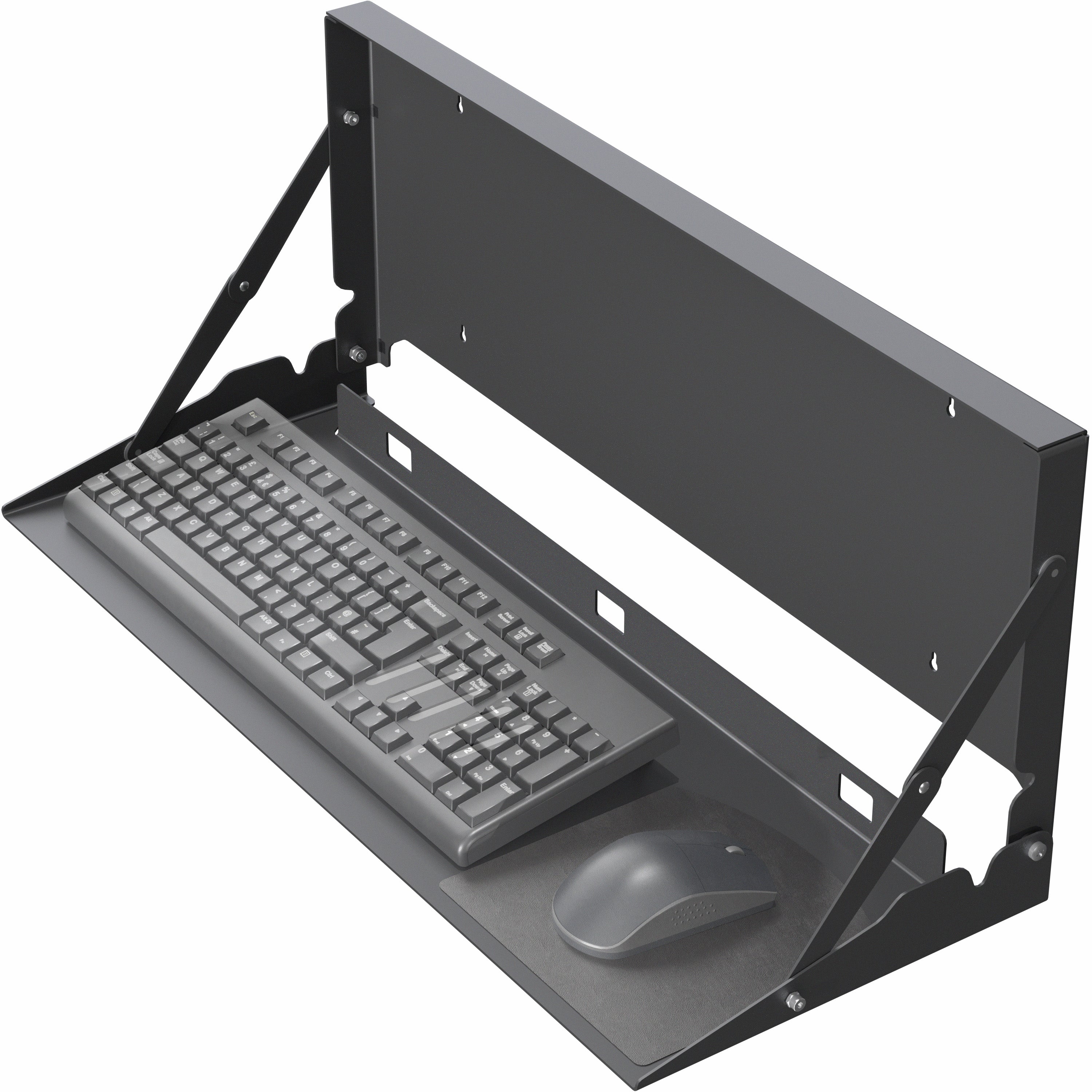Wall-mounted flip down keyboard tray platform. Low profile design folds up and out of the way when not in use. Velcro included to keep keyboard in place. Fits a standard-sized keyboard and mouse (mouse pad included). Mount to drywall, wood studs, brick, or concrete.