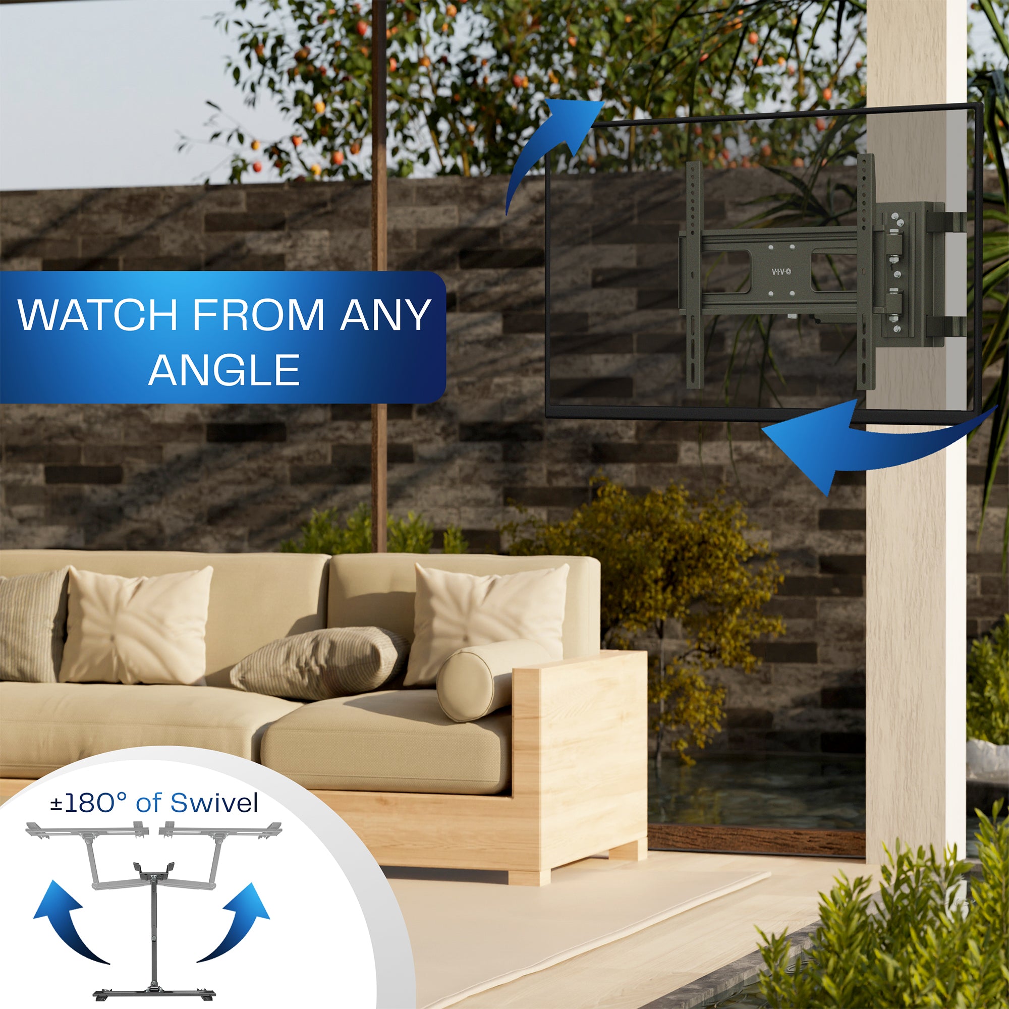 Outdoor TV mount system with a view of a patio and garden.