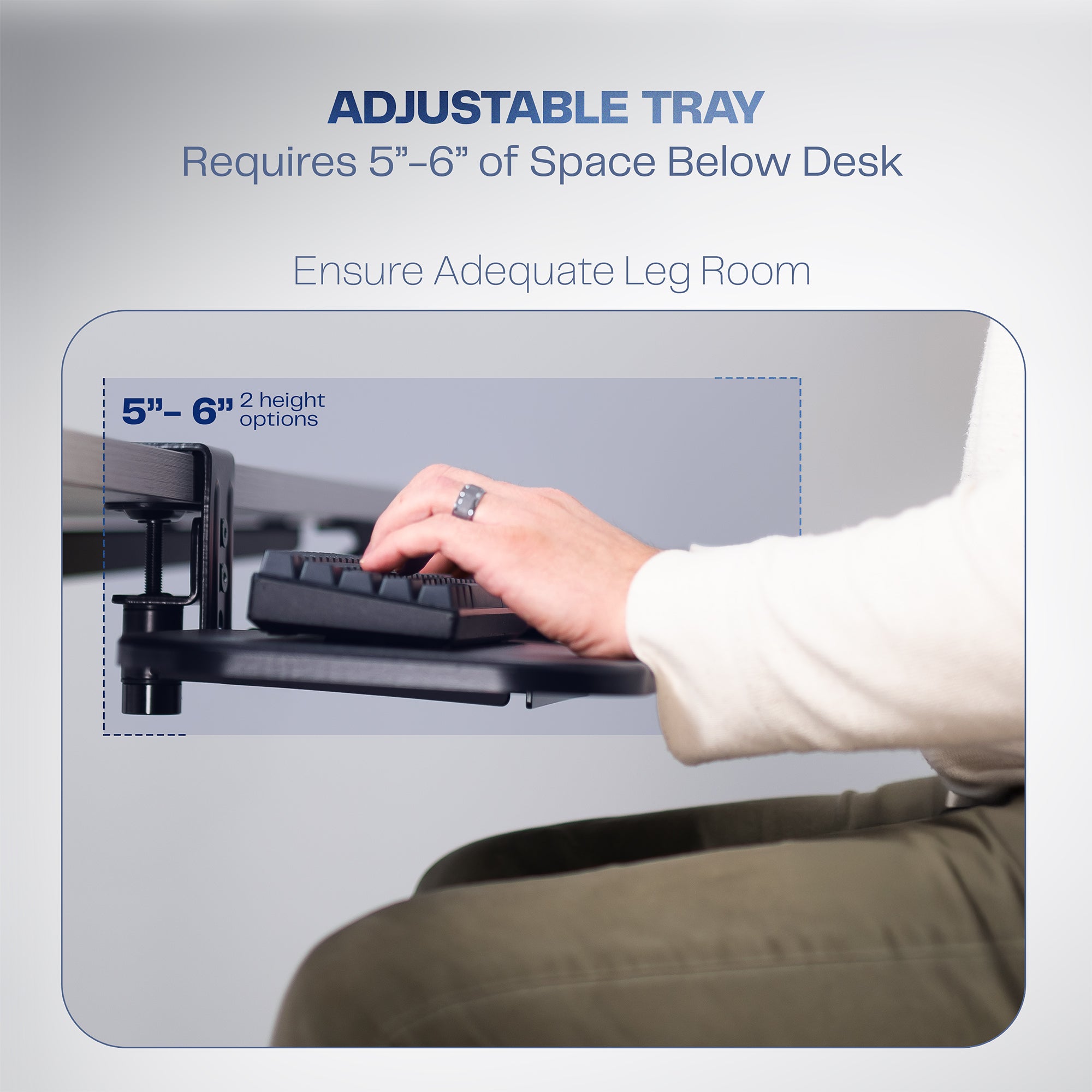 Single Clamp Rotating Keyboard Tray with text describing the adjustable tray.
