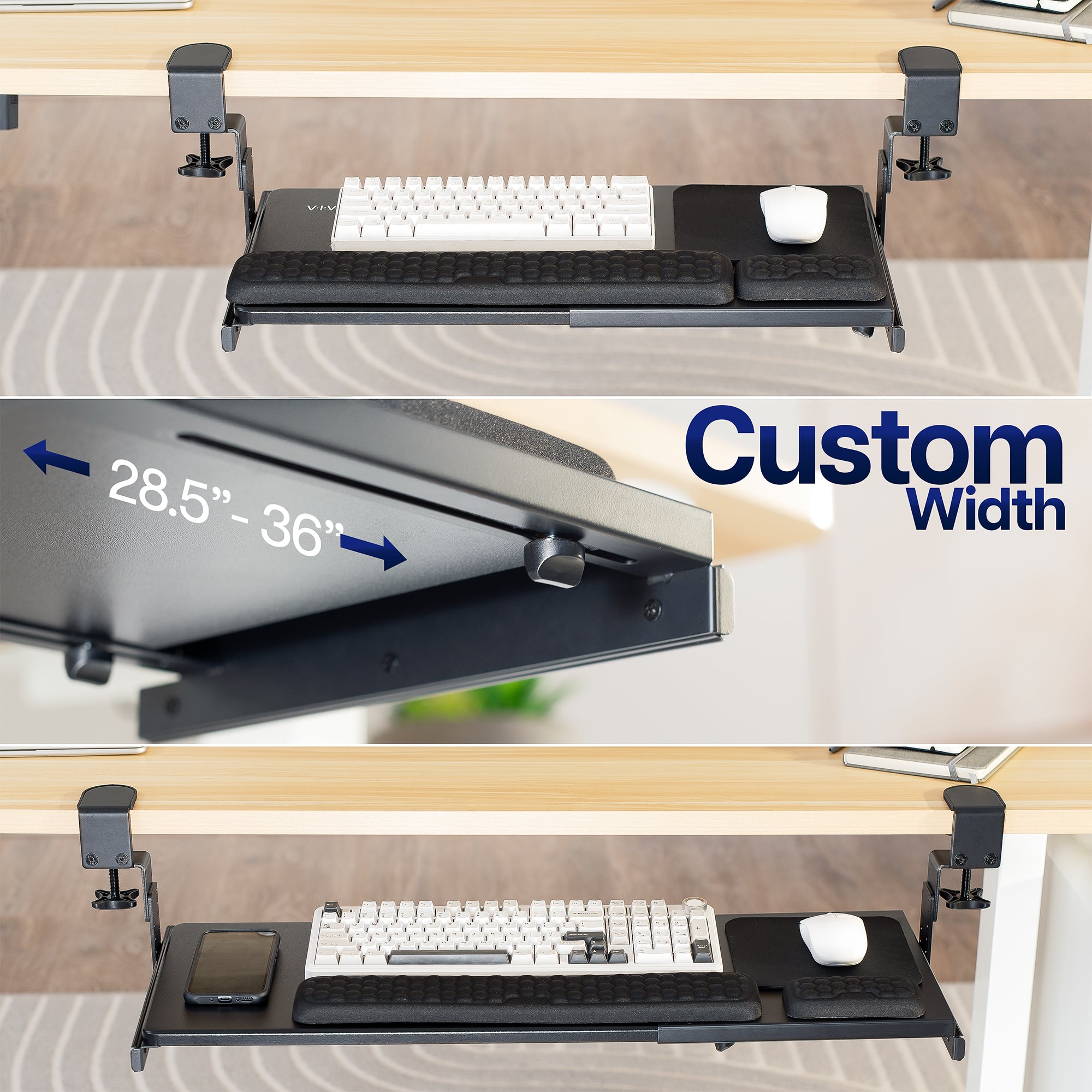Clamp-on Height & Width Adjustable Keyboard Tray on a desk