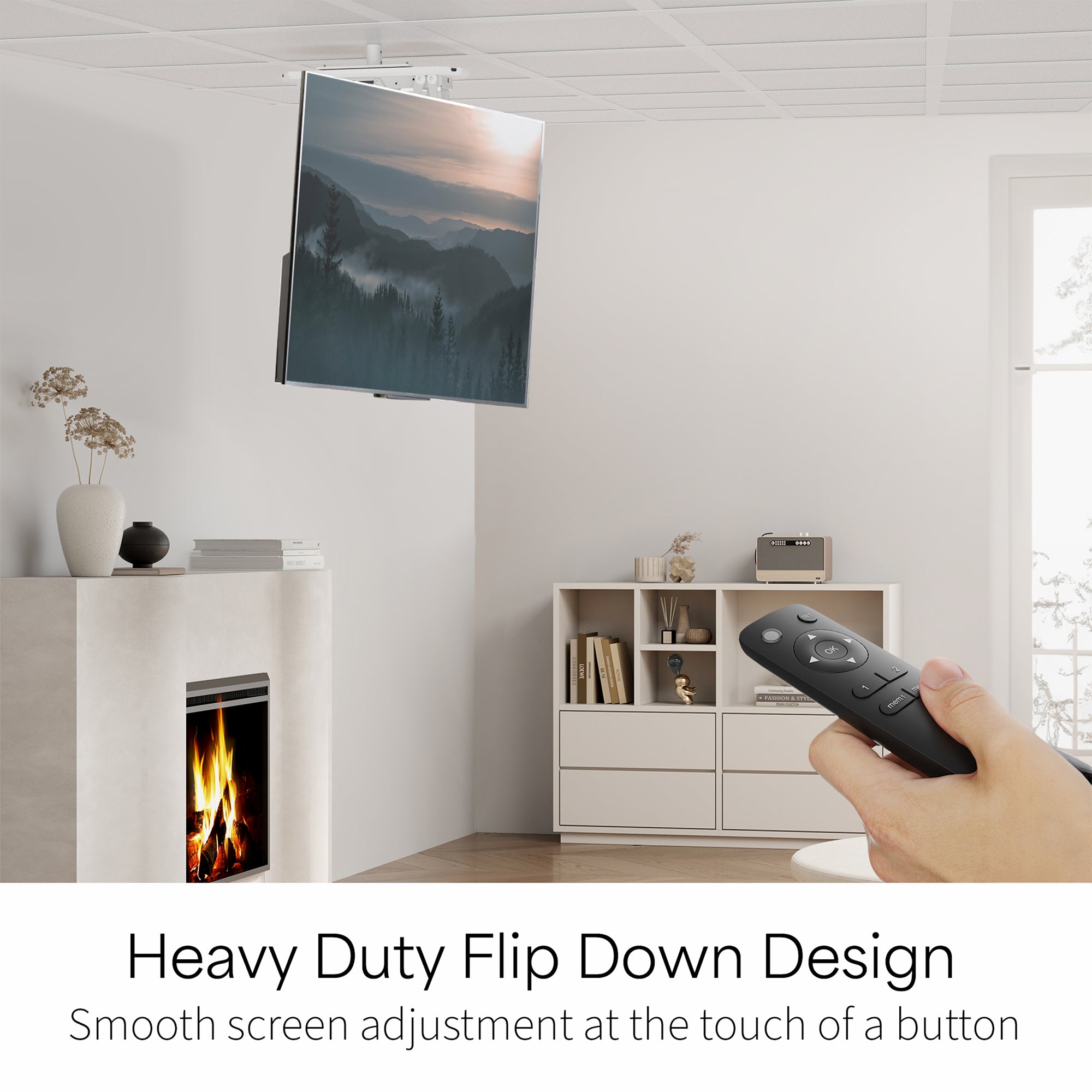 Smart TV with remote control in a modern living room setting