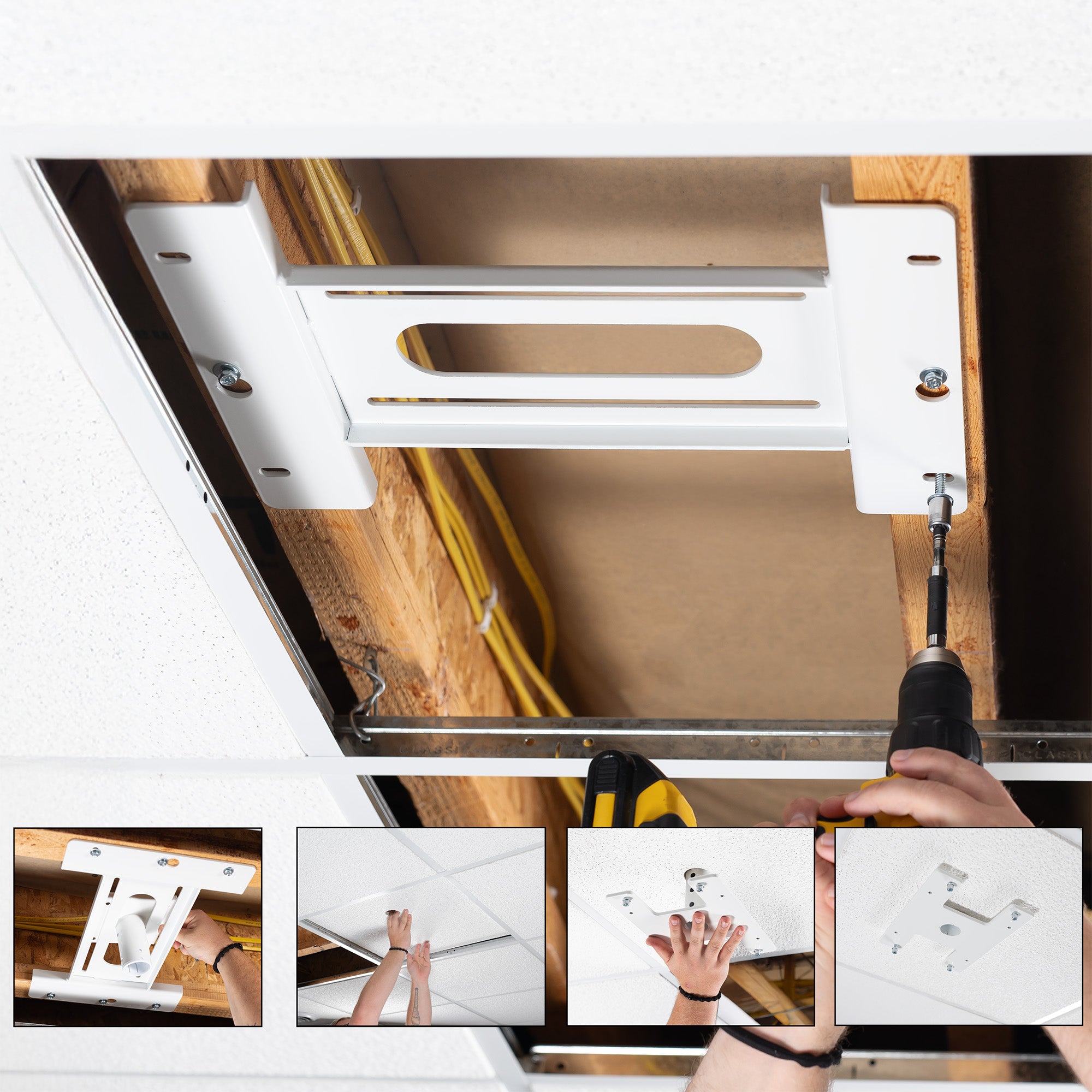 Ceiling installation process with tools and hands shown.