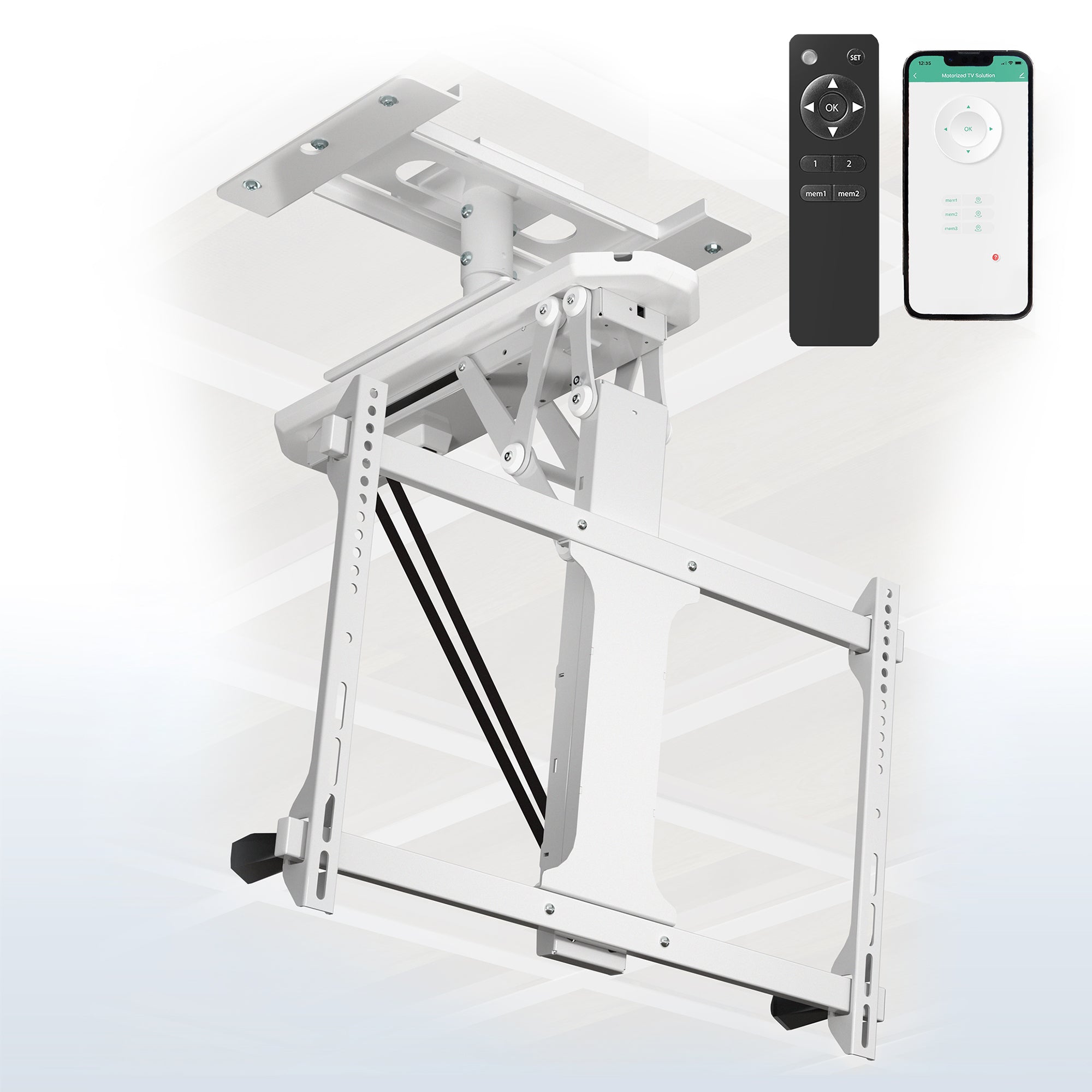 Ceiling TV mount bracket with remote control and smartphone app control on a white background