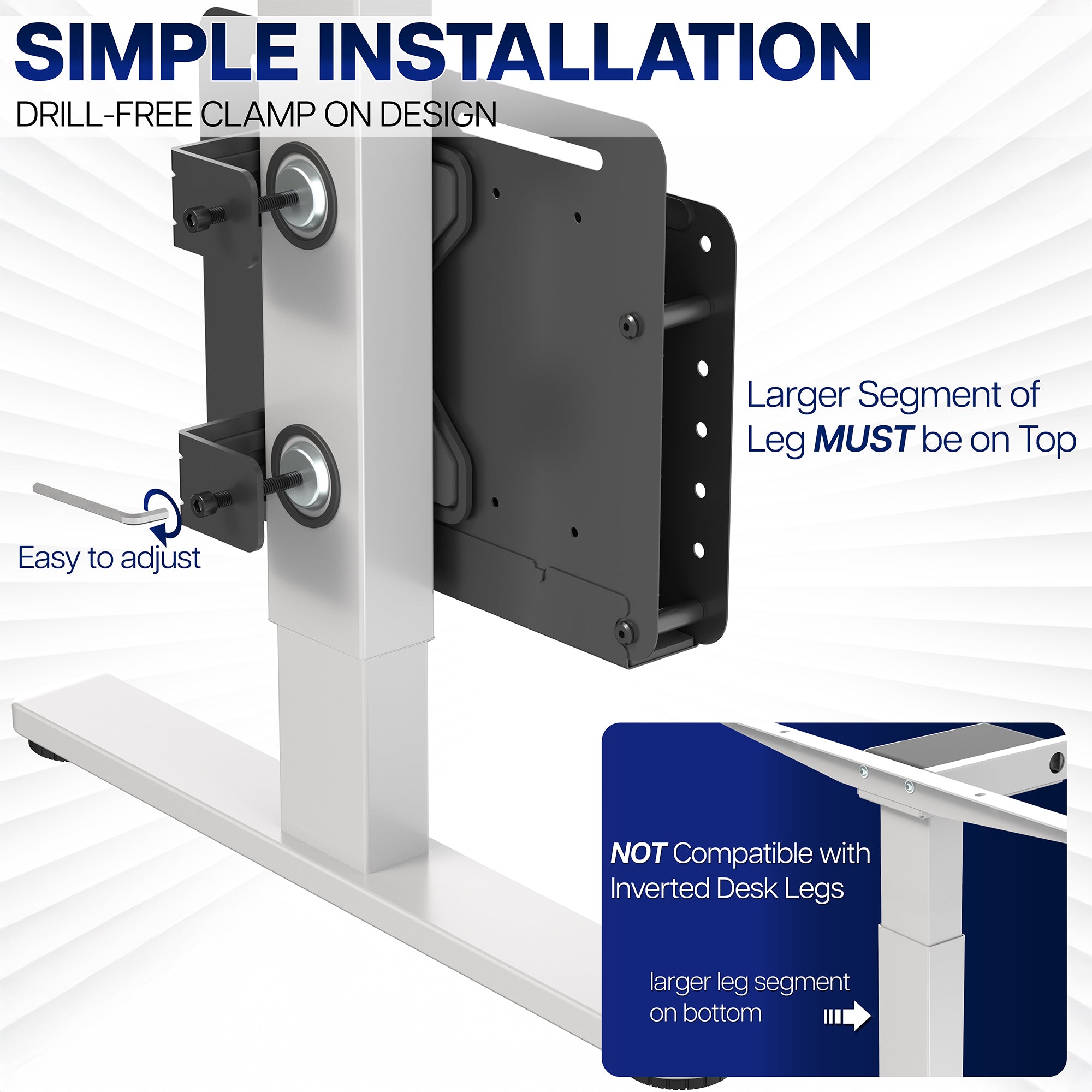 Desk leg support system with installation instructions on a white background