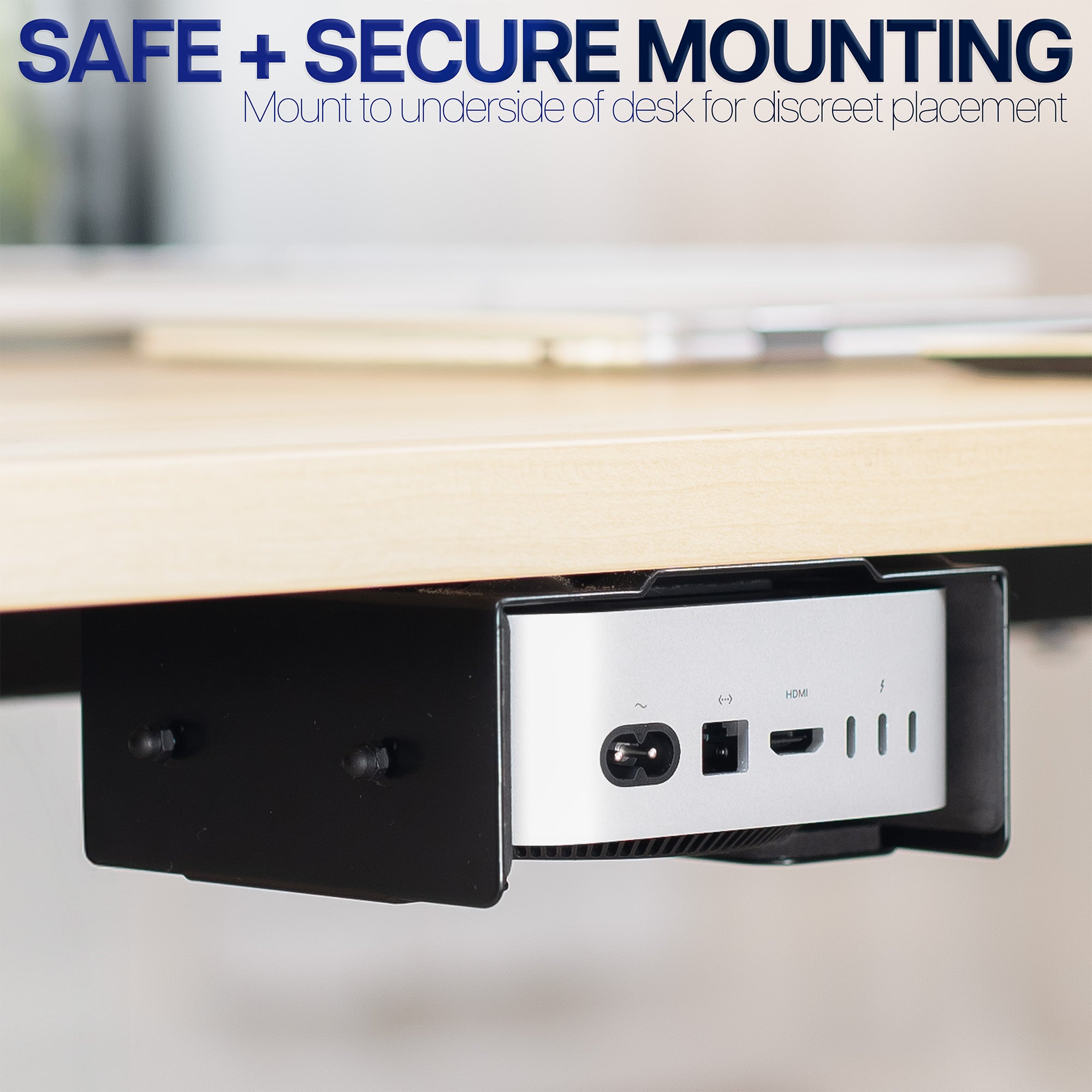Under-desk mounting option with text about safe and secure mounting.