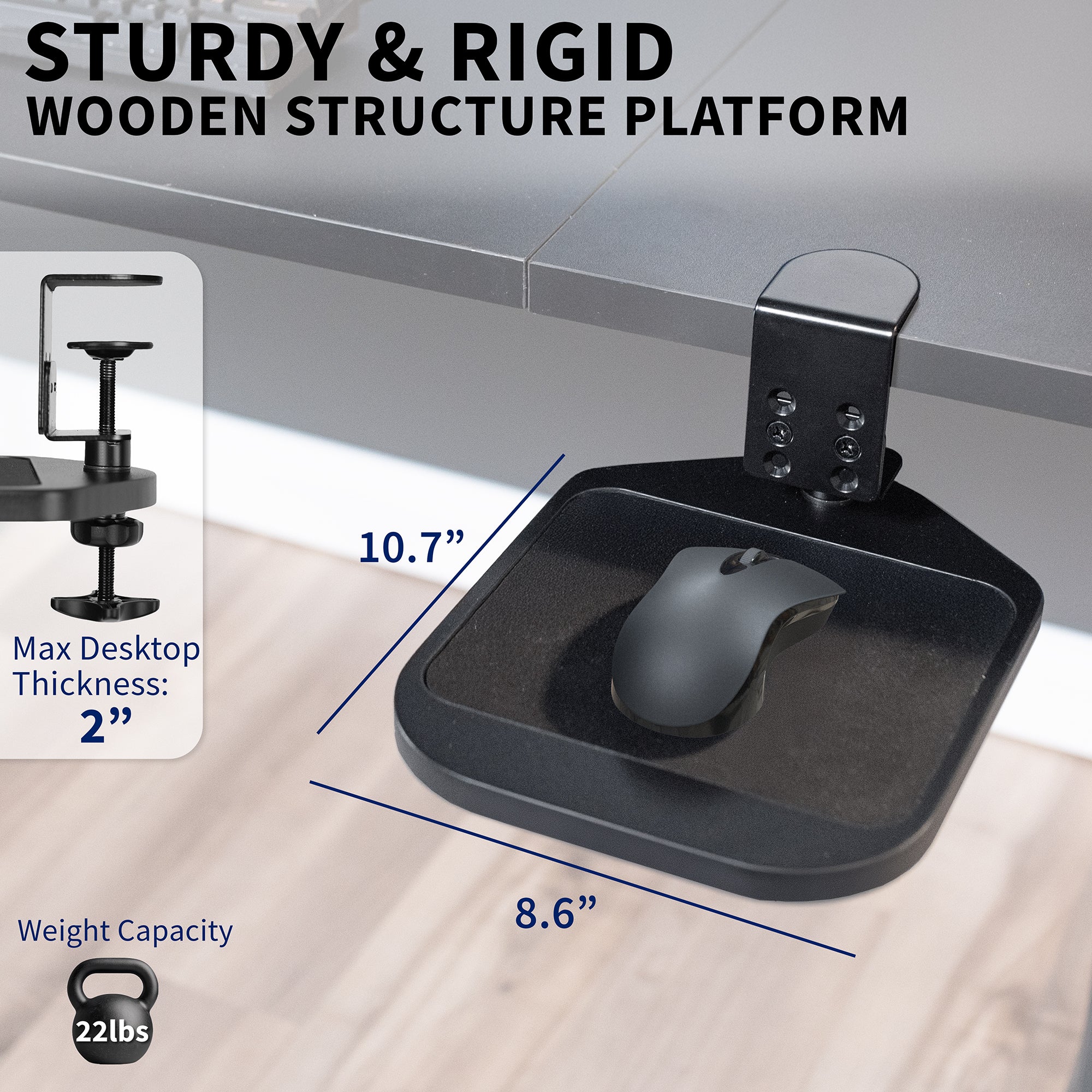 Black desk tray with mouse on a wooden mouse pad platform, showing dimensions and weight capacity.