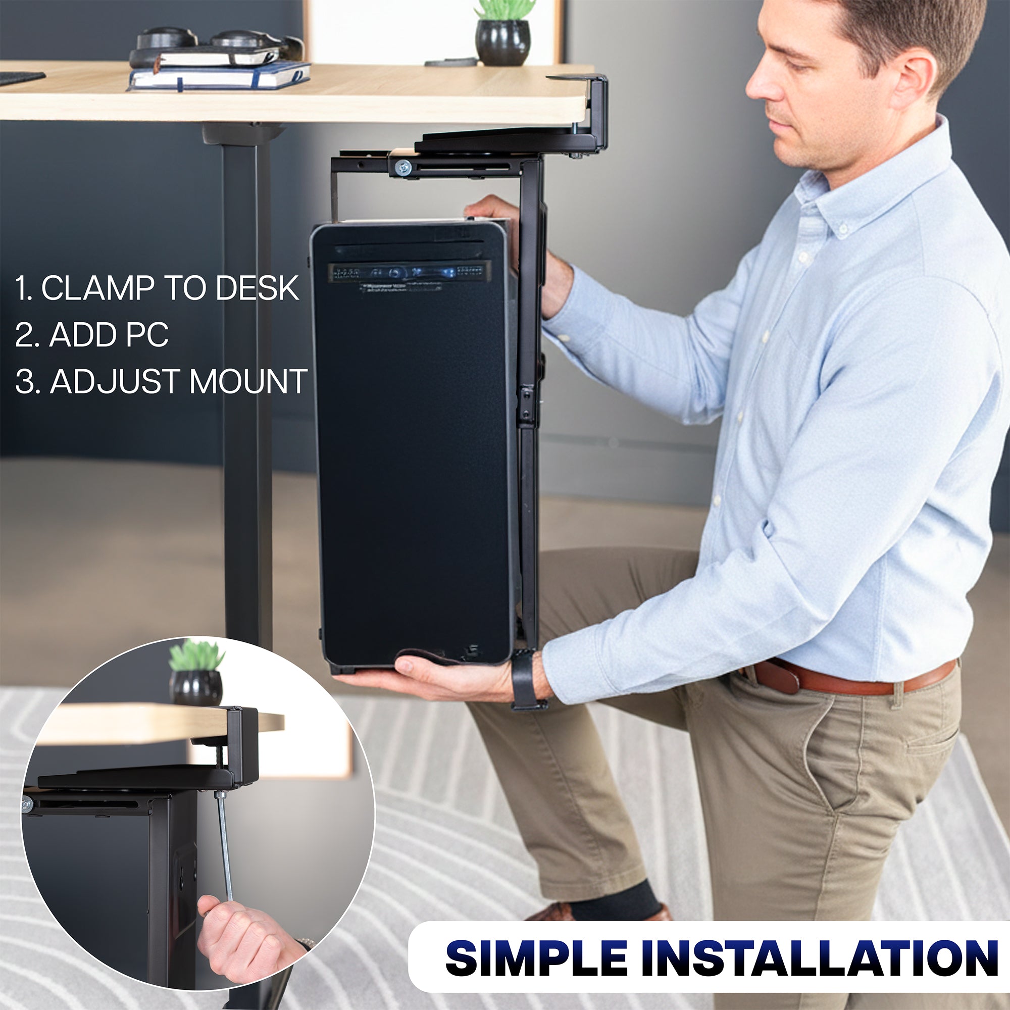 Man installing a computer tower on a PC Mount under a desk with step-by-step instructions.