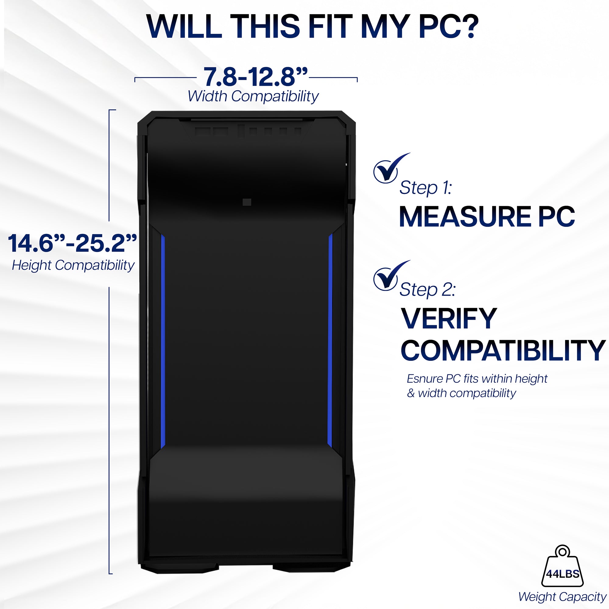 Measurement guide for product compatibility with a PC, showing width and height compatibility ranges.