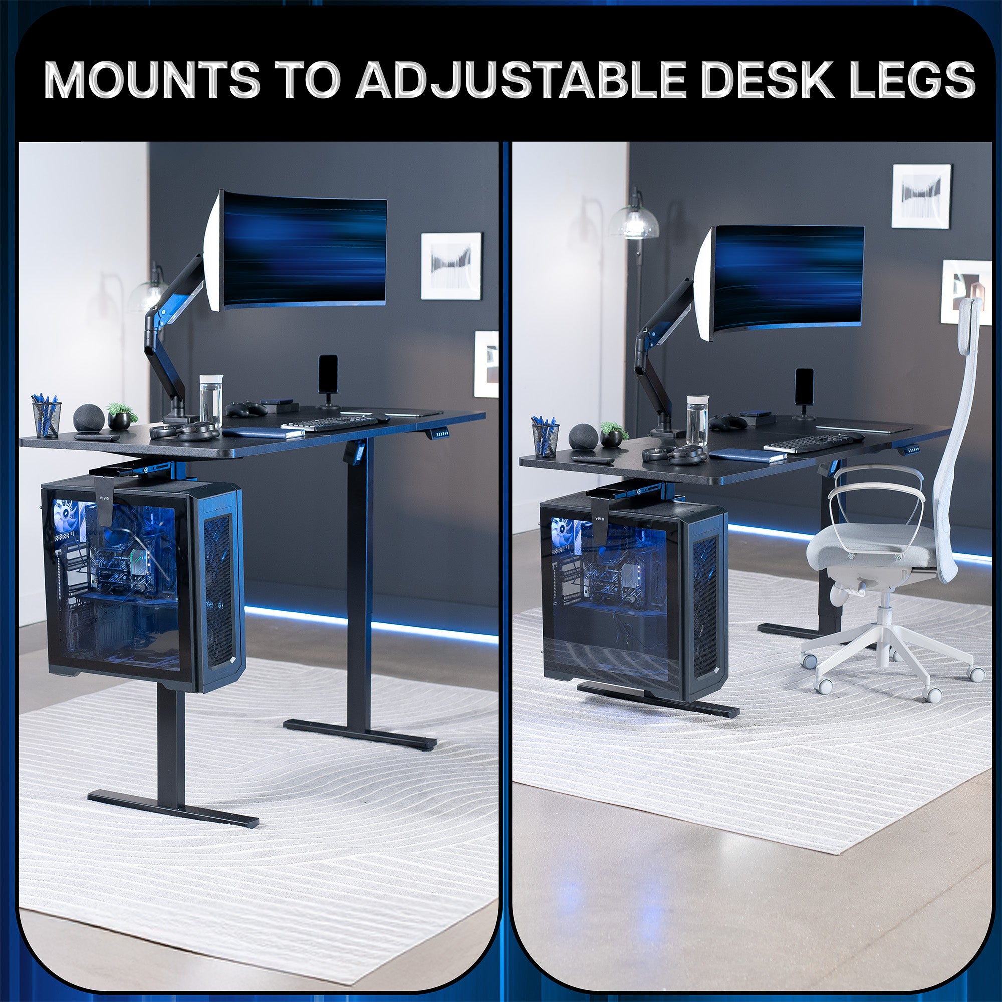 Under Desk Leg Clamp Large PC Mount that mounts to adjustable desk legs.