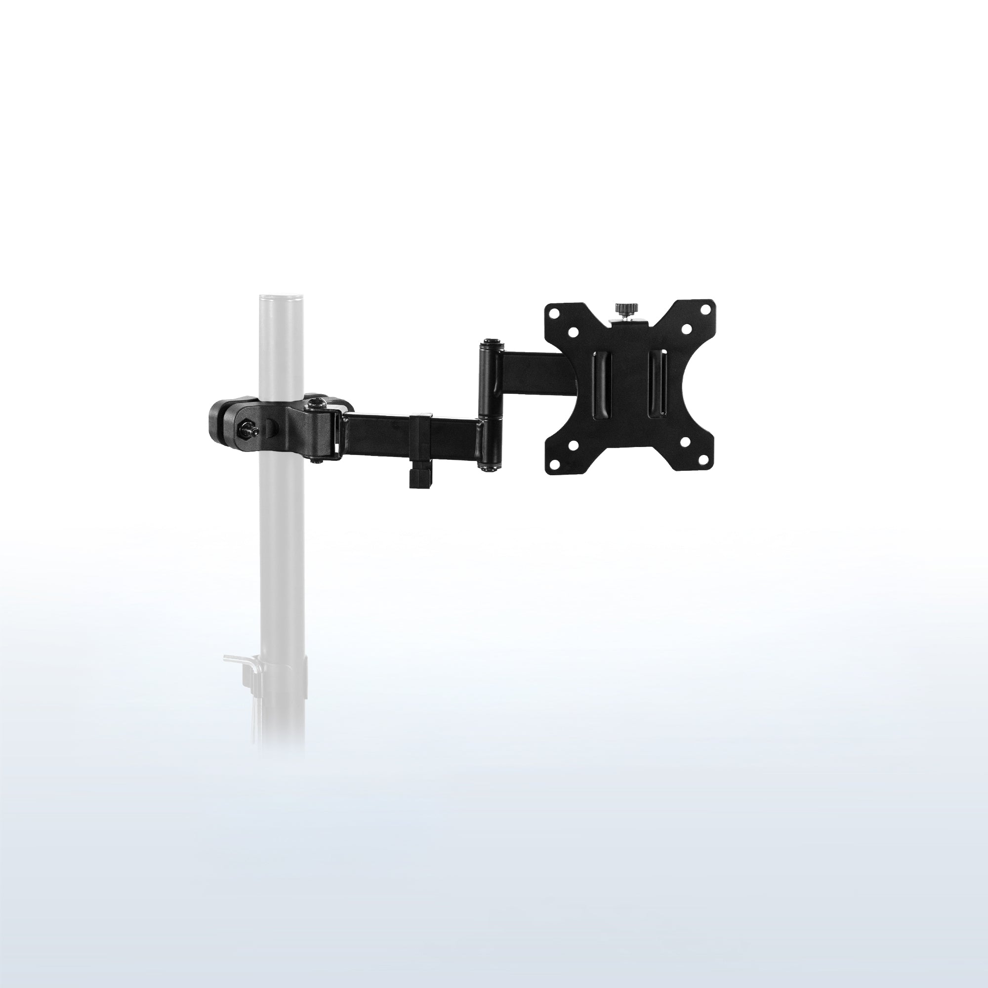 A black adjustable wall-mount arm with a VESA-style bracket, shown attached to a white pole against a clean white background.