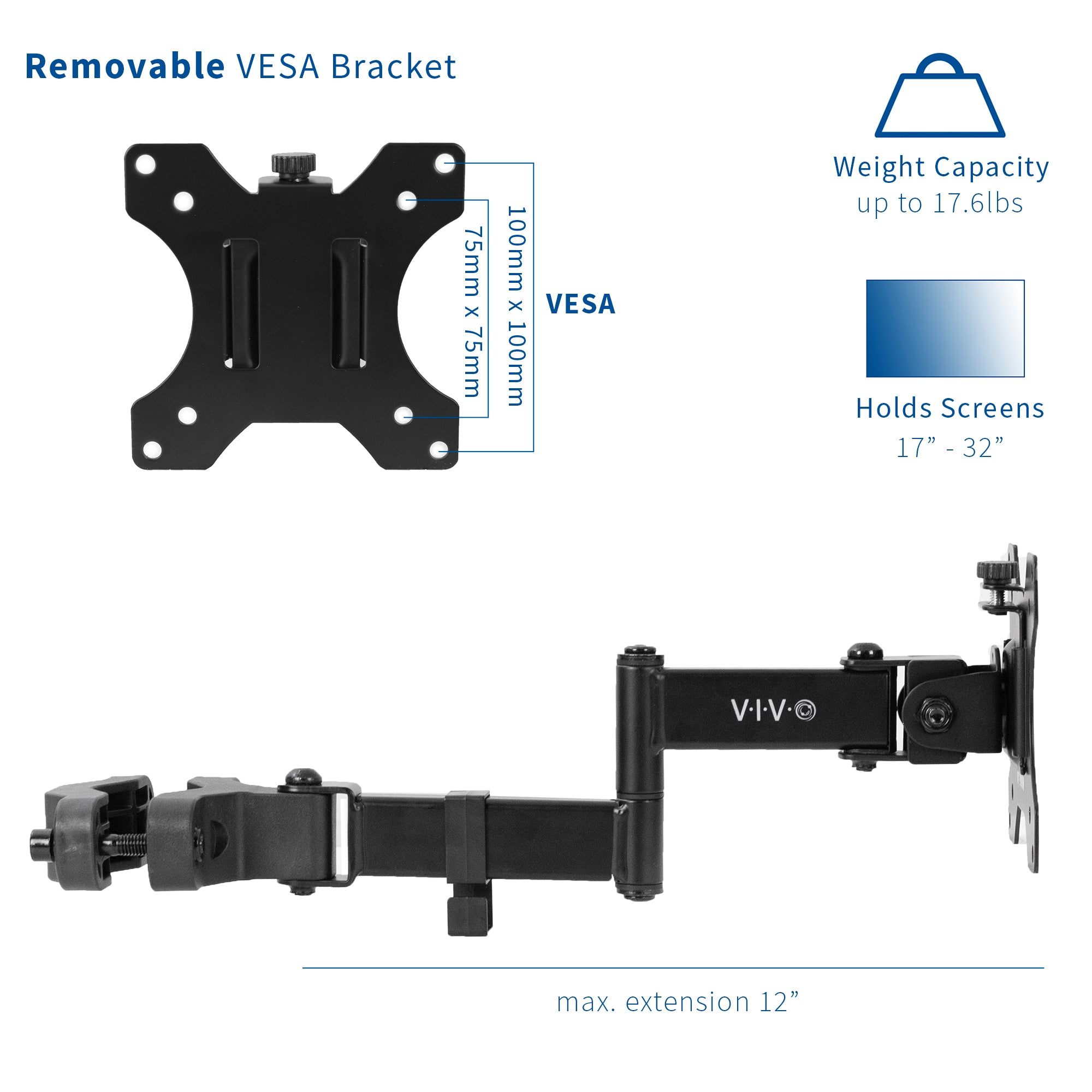 Pole Mount VESA Monitor Arm - 17" to 32" Screens with specifications on a white background