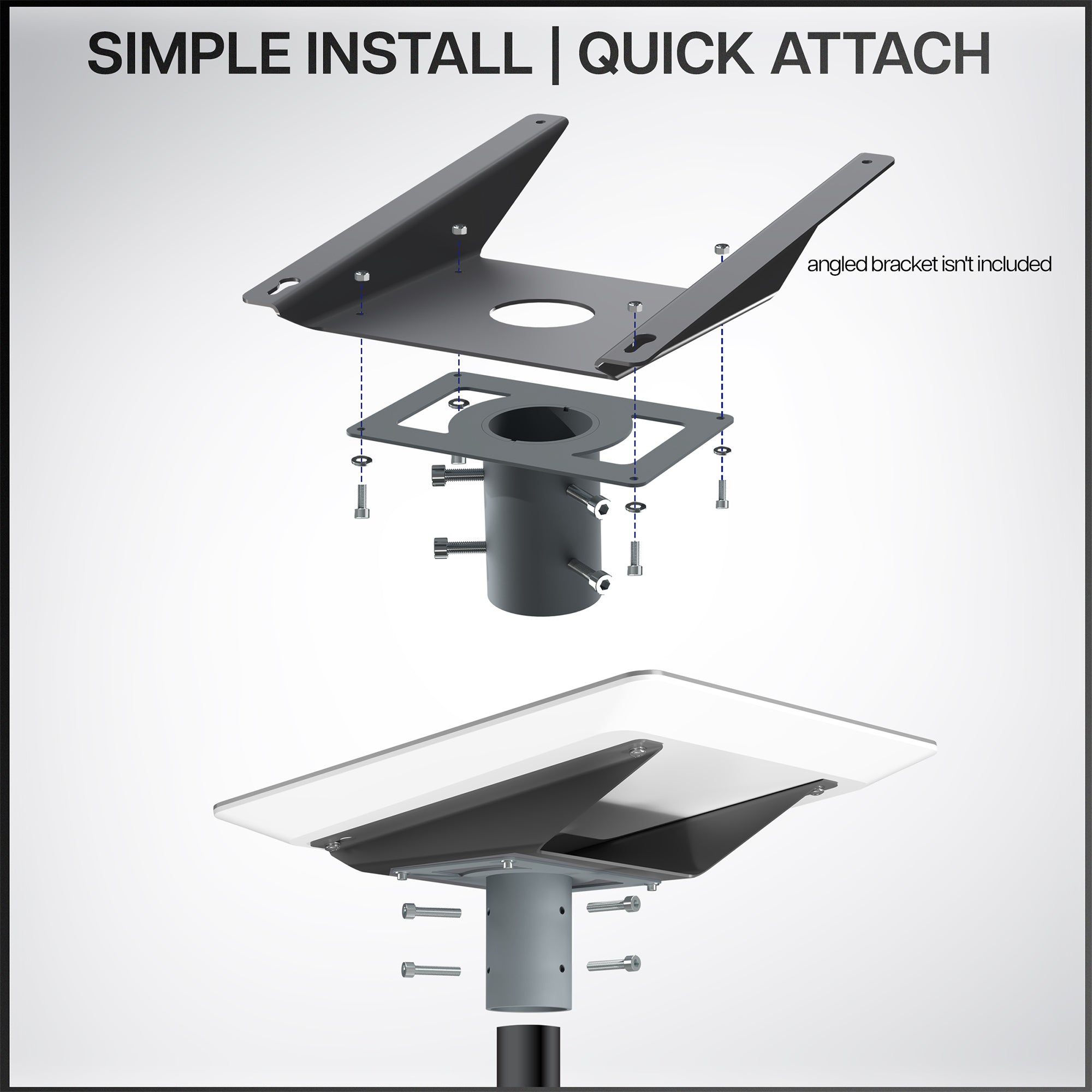 A gray pole adapter with text on simple installation displayed on a white background.