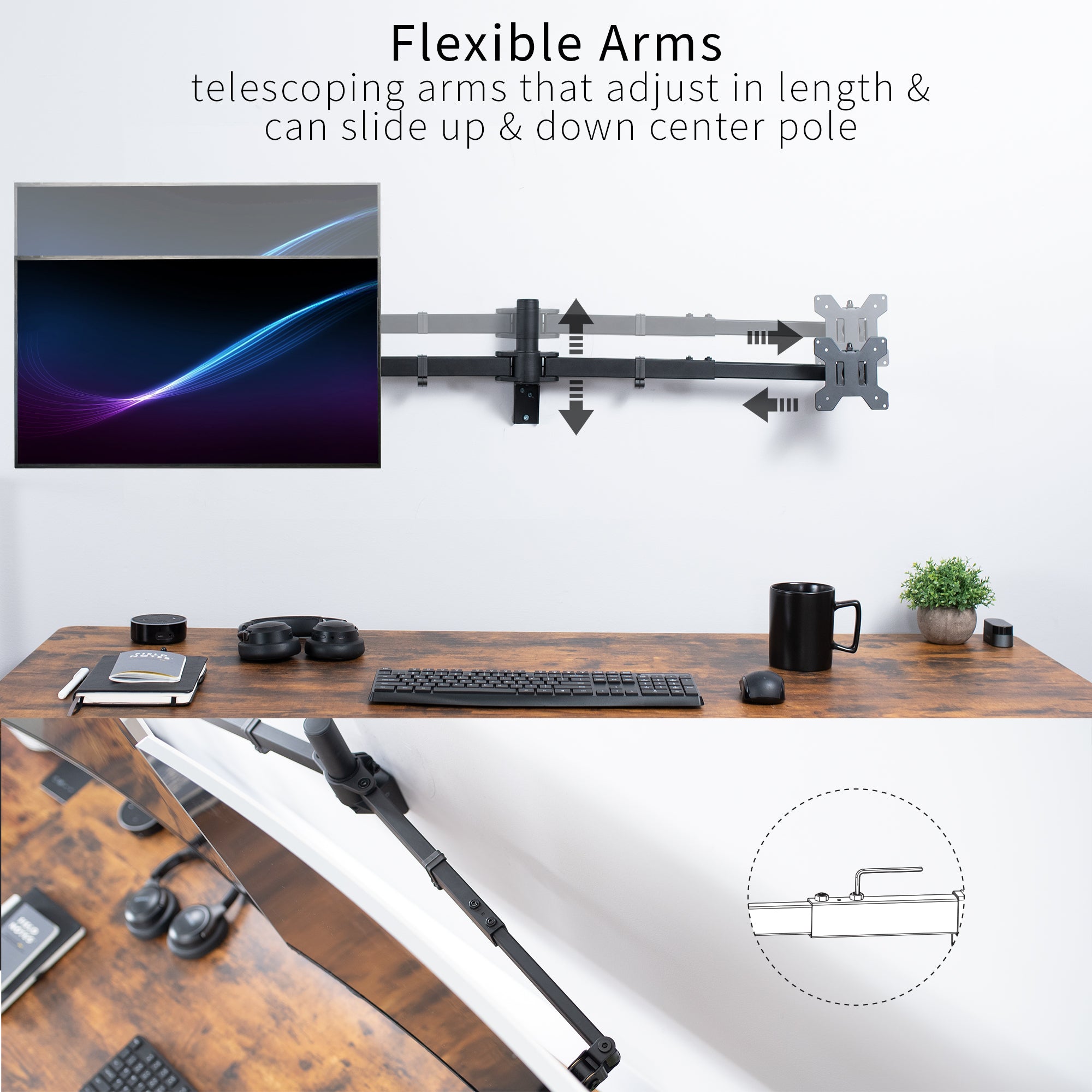 Telescoping dual monitor wall mount.