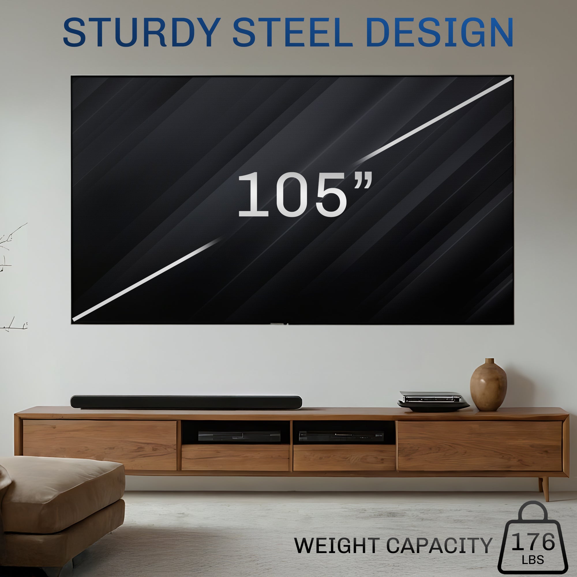 Large flat-screen TV on a wooden stand with text.