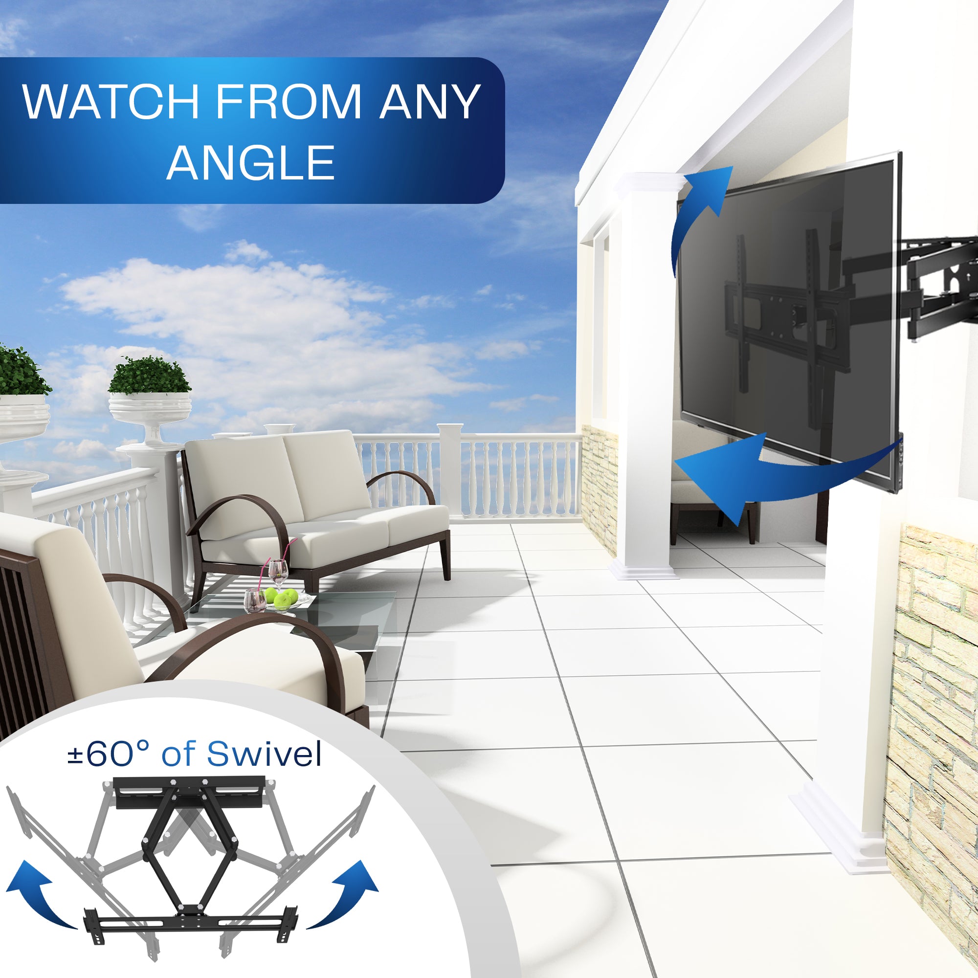 Black full motion TV wall mount with text on a balcony.