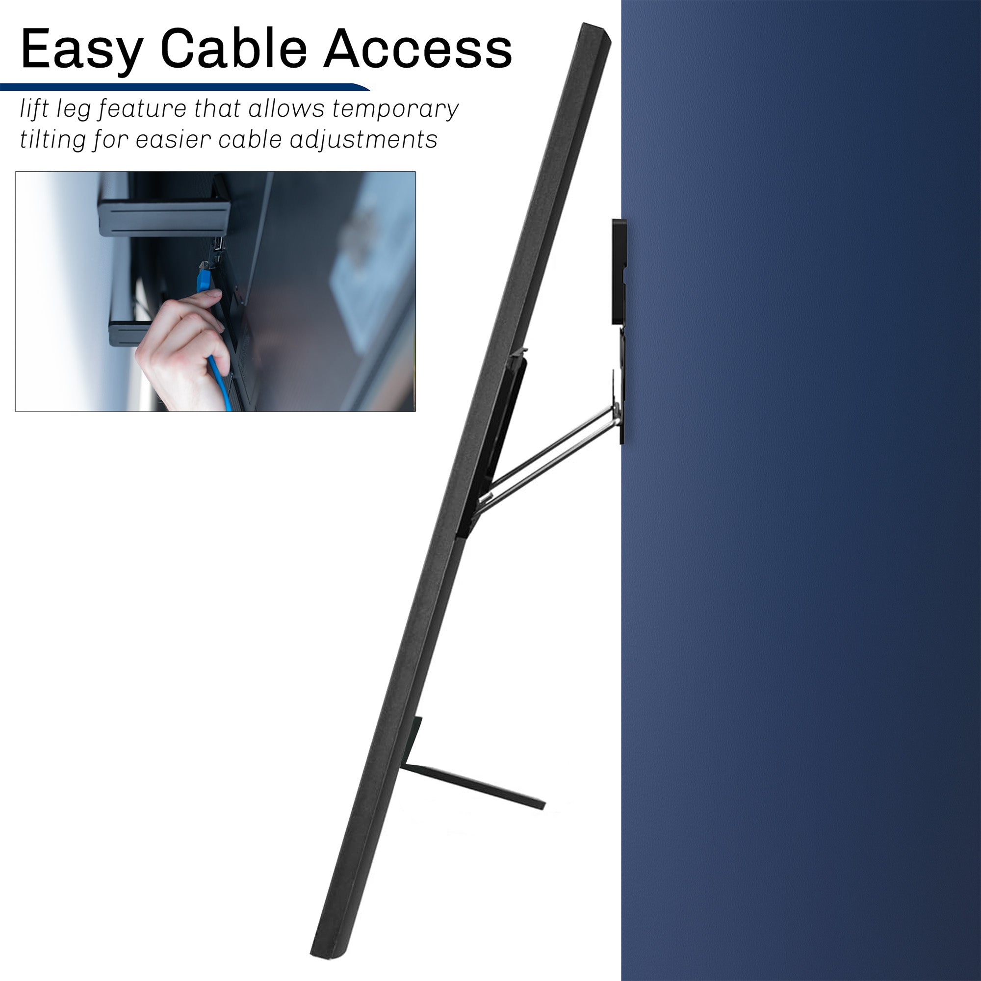 Black adjustable micro gap tv wall mount with lift leg feature for cable access, on a white background.