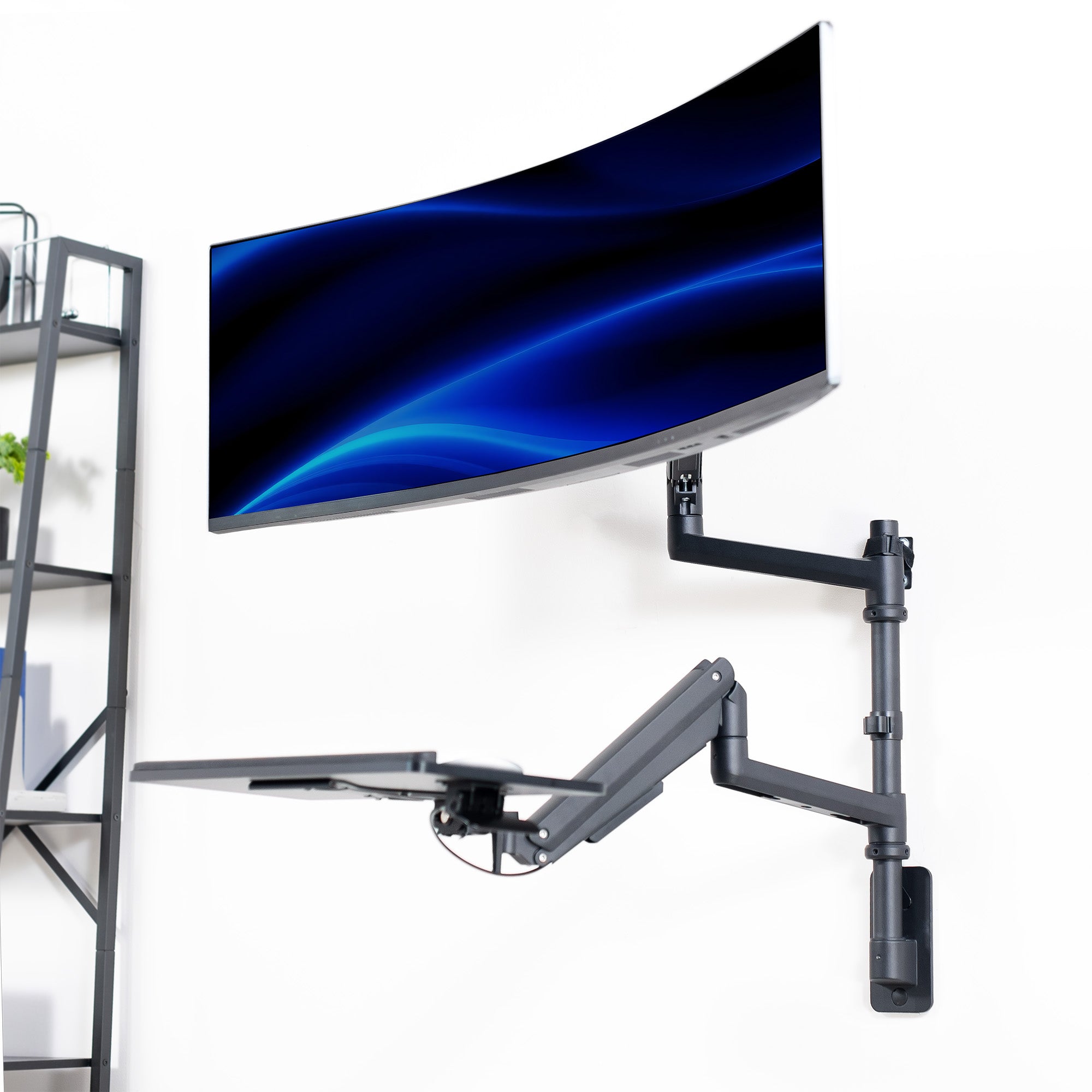 Pneumatic Arm Single Ultrawide Monitor Wall Mount + Keyboard Tray - Up to 49" Screens