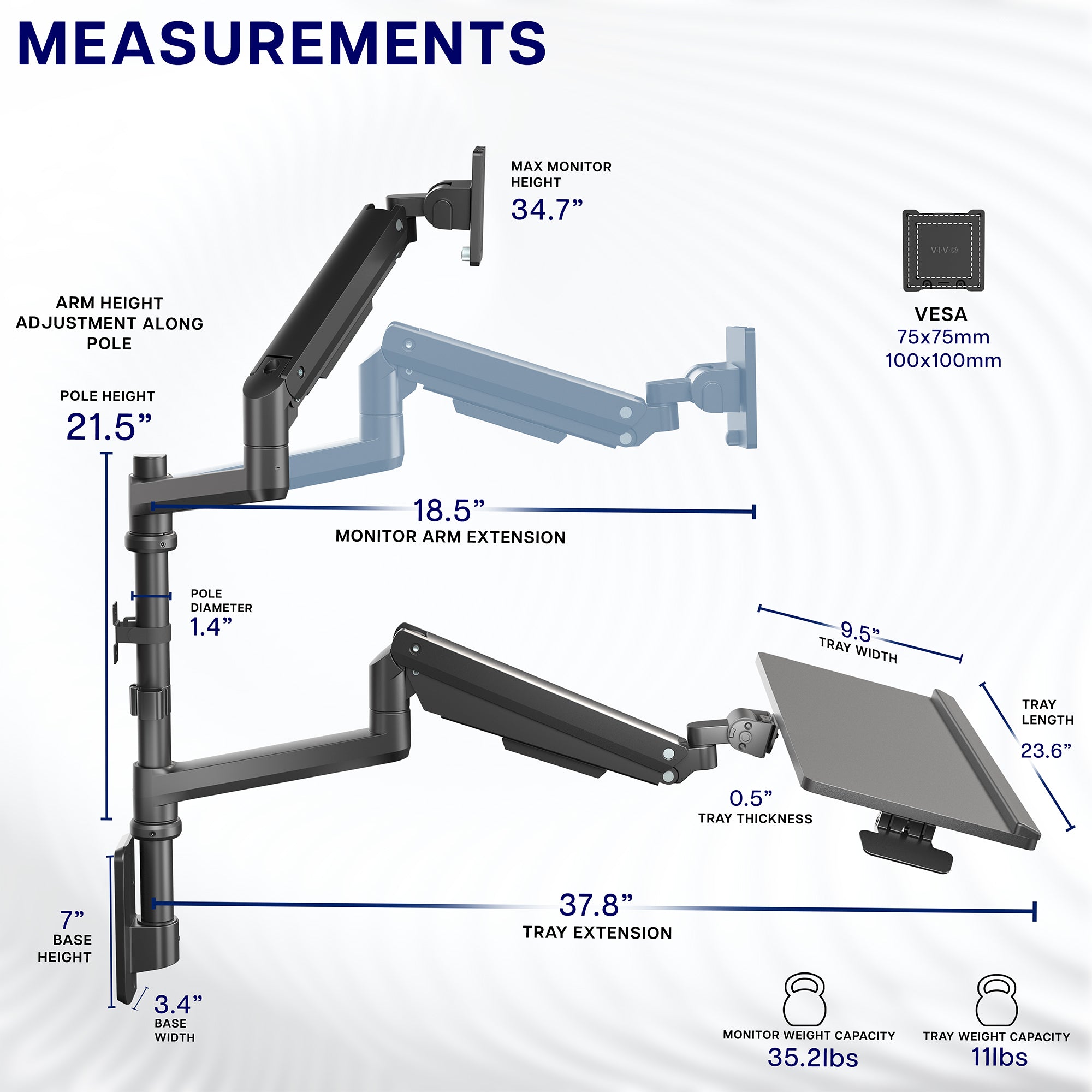 Measurement chart of a Pneumatic Arm Single Ultrawide Monitor Wall Mount + Keyboard Tray with various dimensions labeled.
