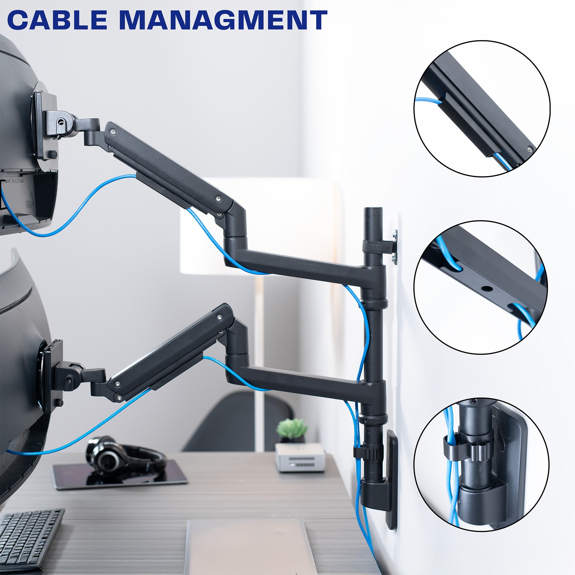 A black pneumatic arm dual ultrawide monitor wall mount with built-in cable management feature.