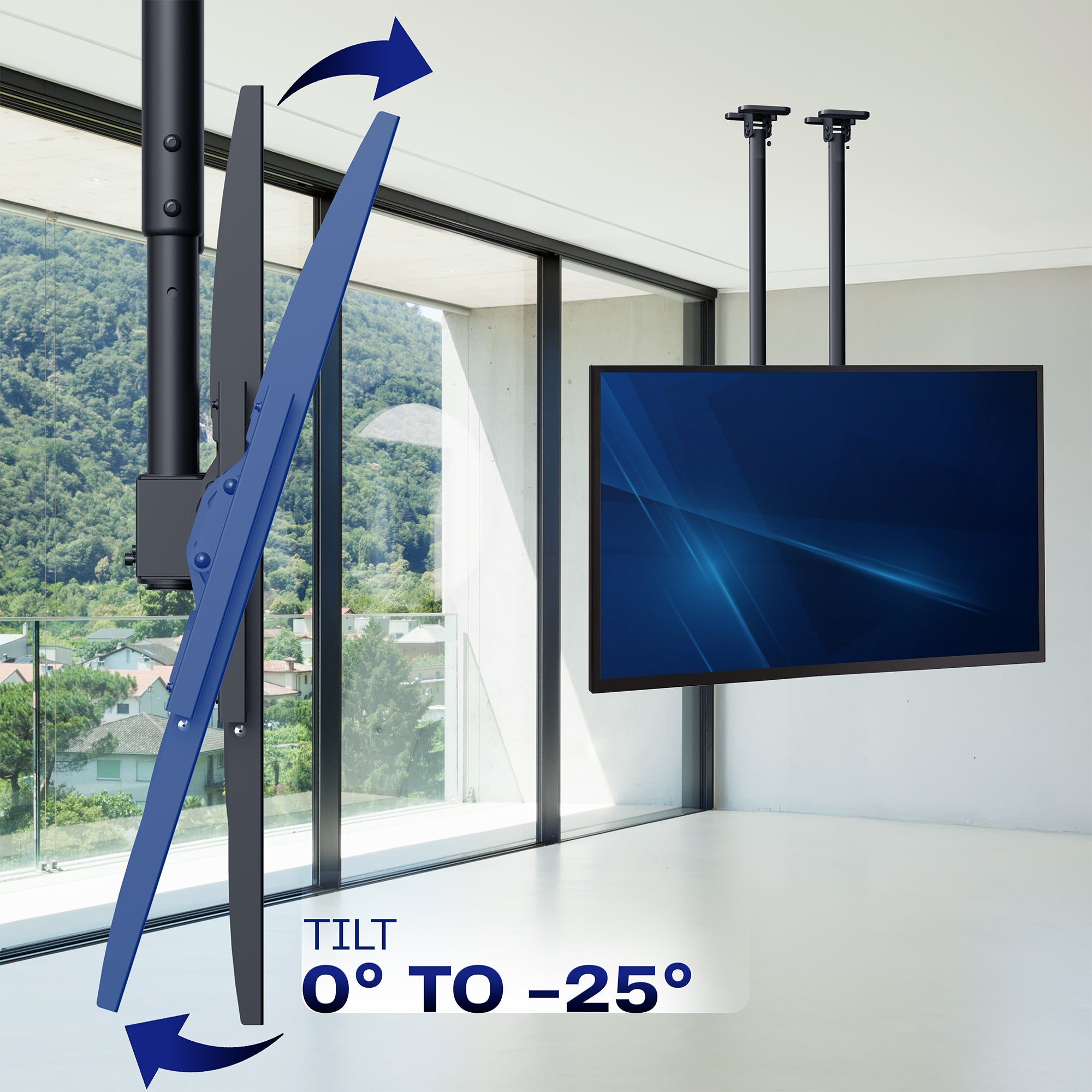 TV mounted on a ceiling with adjustable VESA bracket showing tilt range.