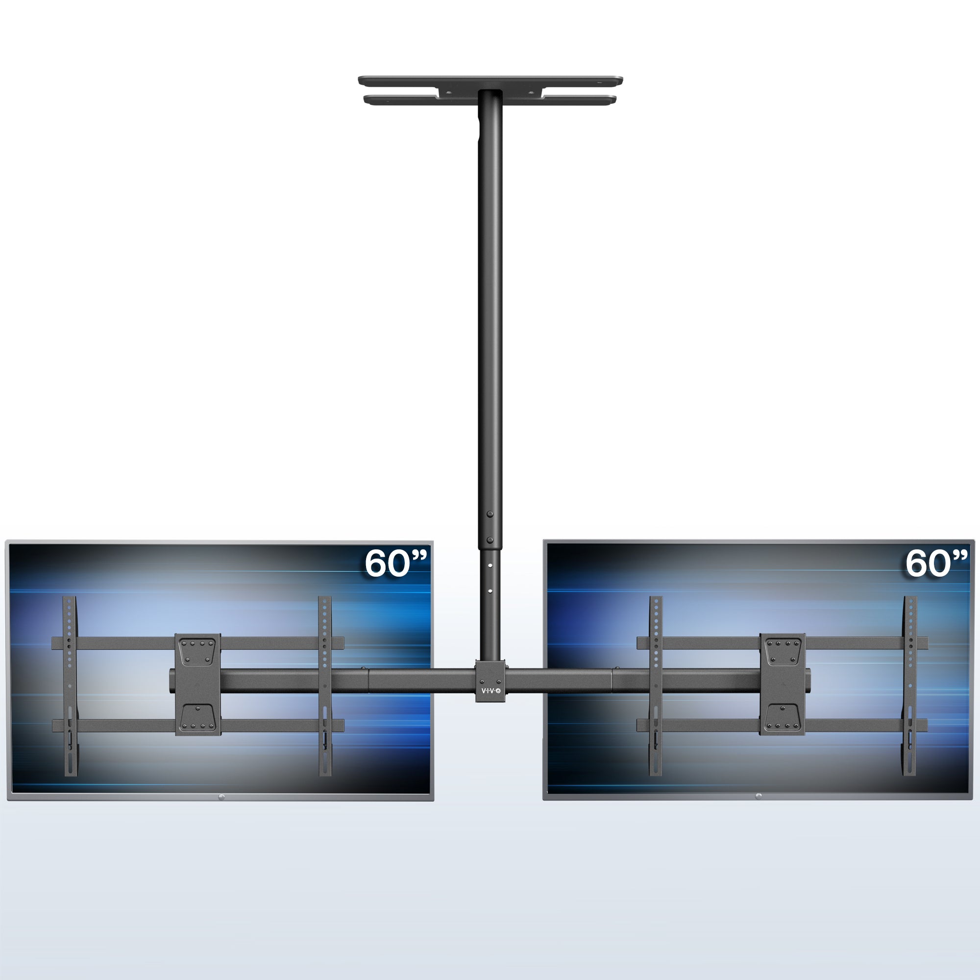 Ceiling mount for dual 60-inch TVs on a white background, side-by-side display.