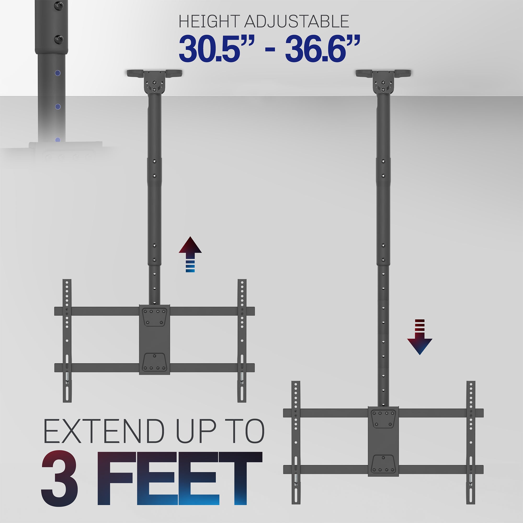 Height adjustable large TV mount with tilt, swivel, and an integrated cable management system. Mount to flat and sloped ceilings or wall with hardware and instructions included.