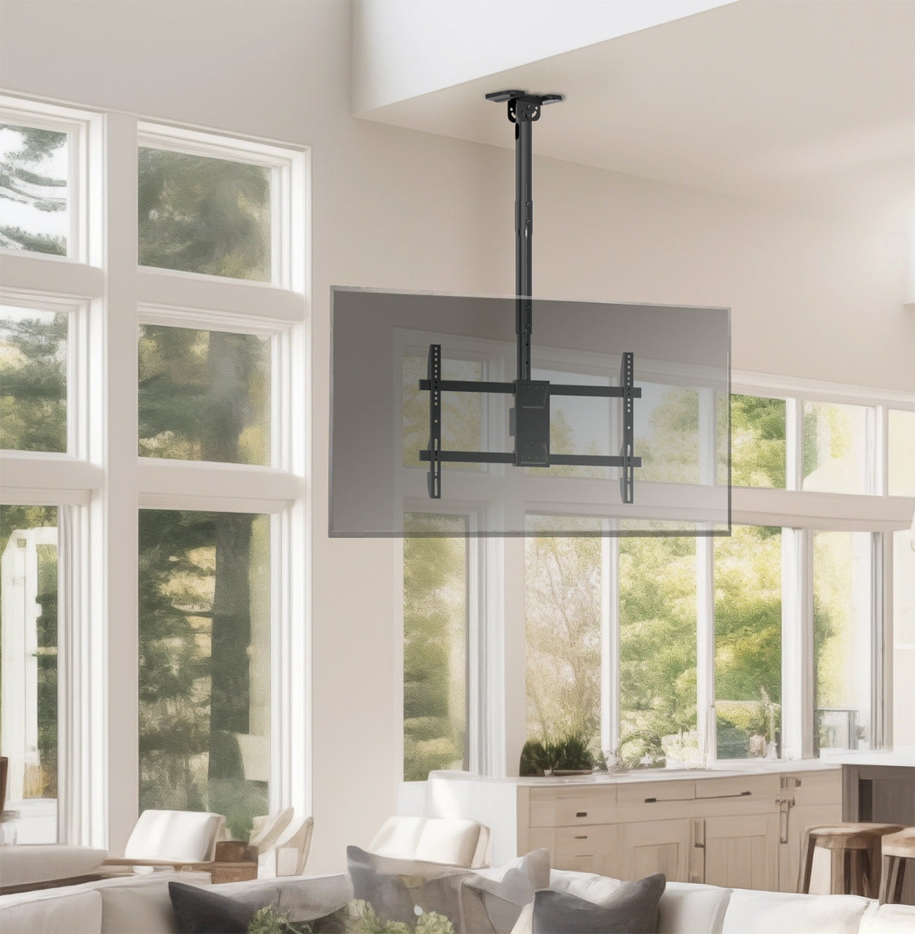 Modern living room with a large TV mounted from the ceiling.
