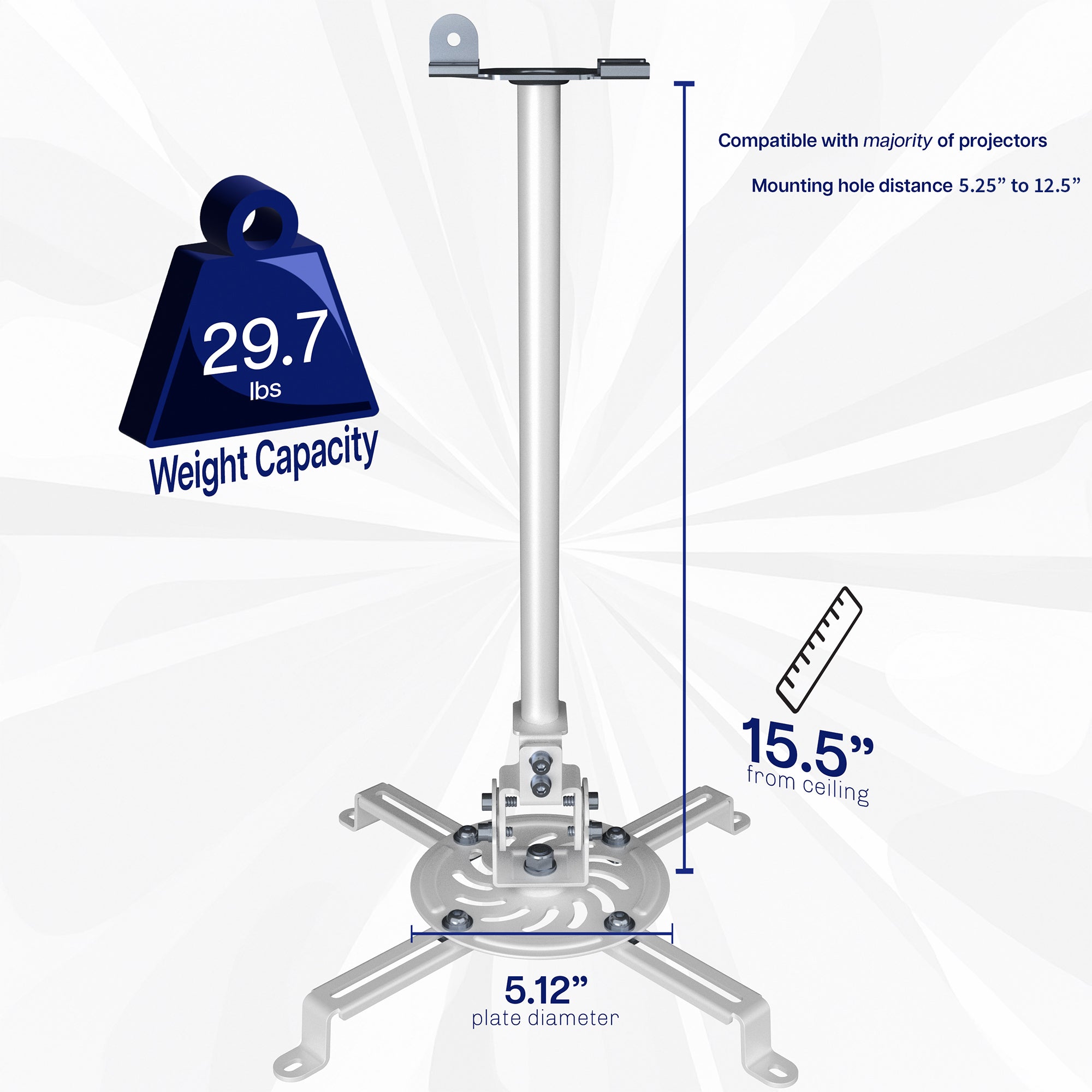 A white ceiling mount with scissor clamp designed to support projectors, featuring an adjustable length arm and a circular base.