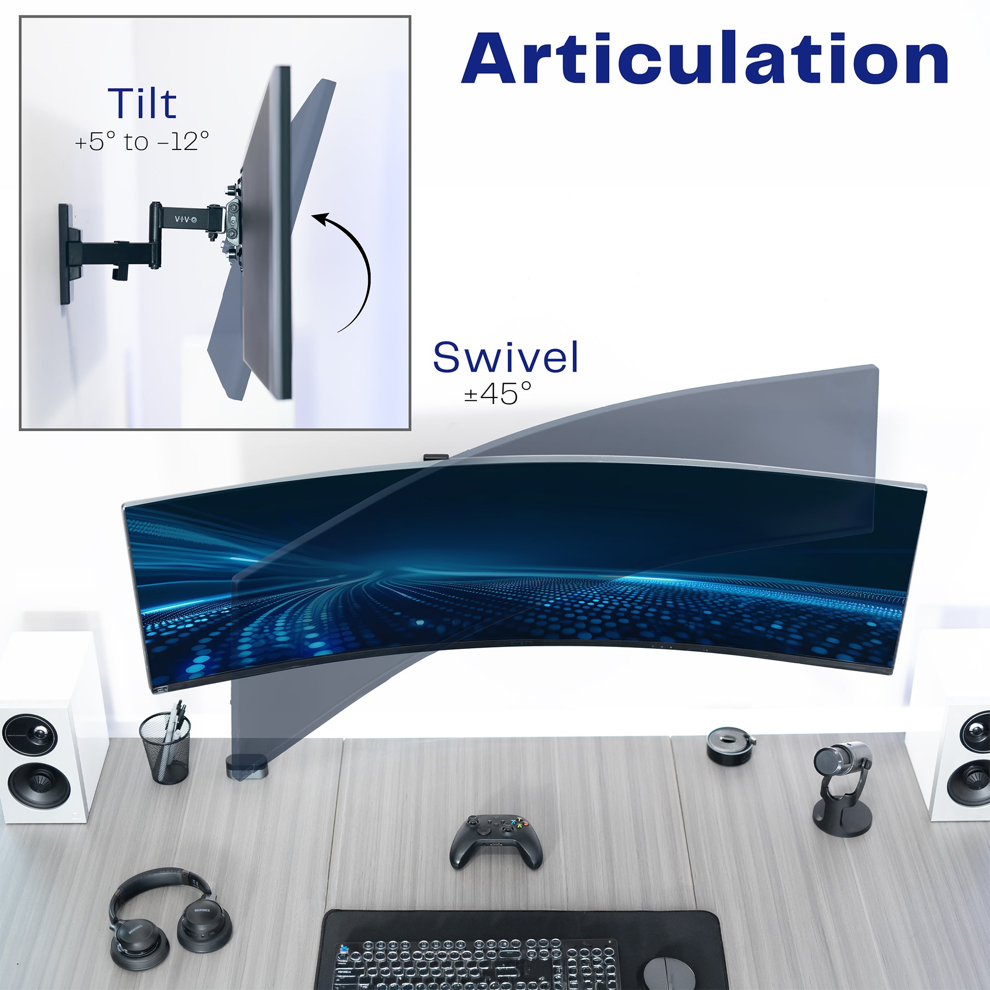 Articulating monitor wall mount shown with a curved monitor on a desk setup, plus an inset diagram explaining tilt (+5° to -12°) and swivel (±45°) movement.