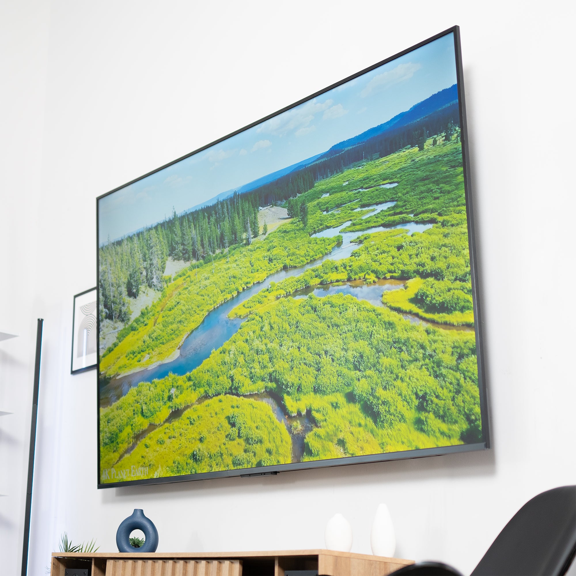 A TV in a living room with a marsh scene on the screen.