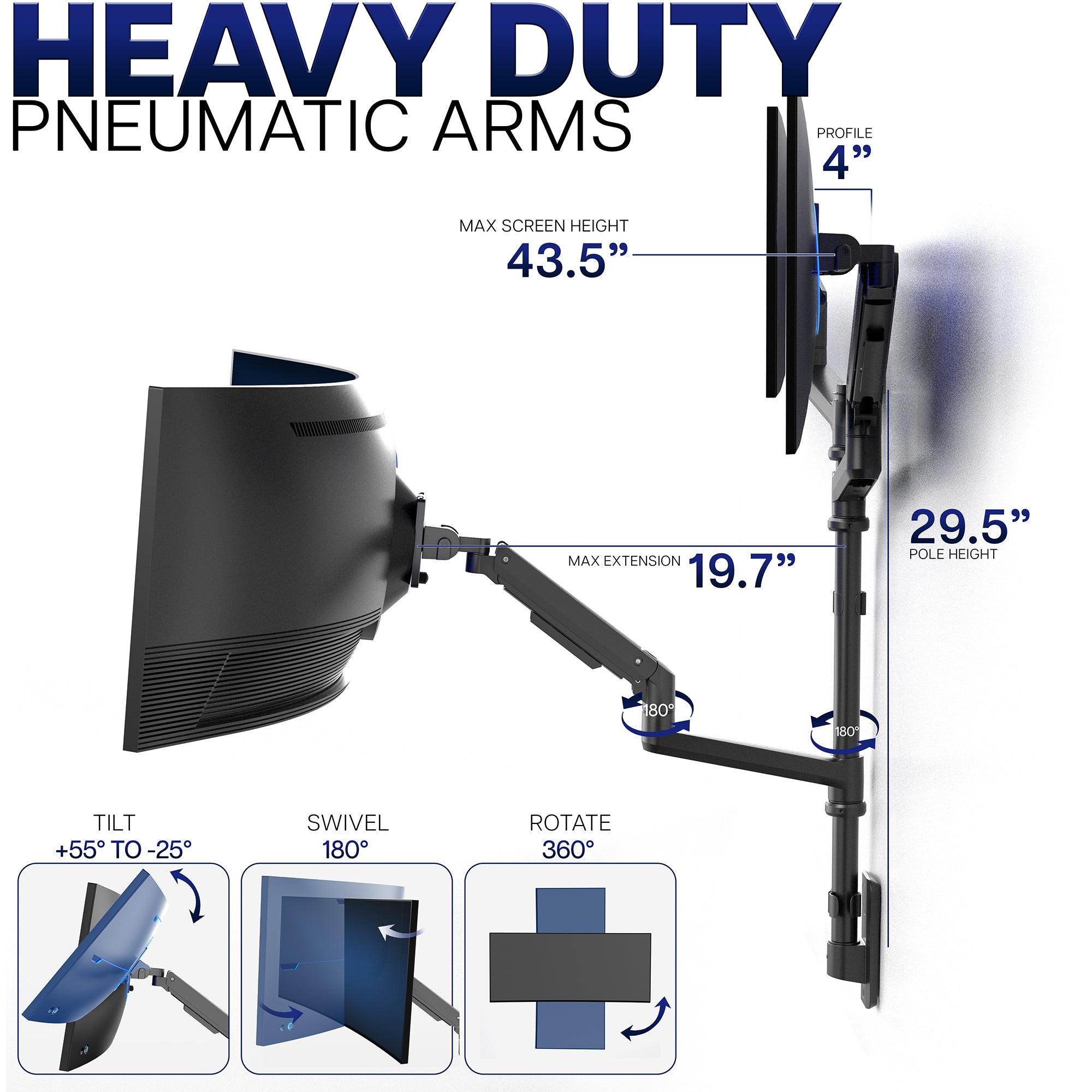 Heavy-duty pneumatic arm with specifications on a white background