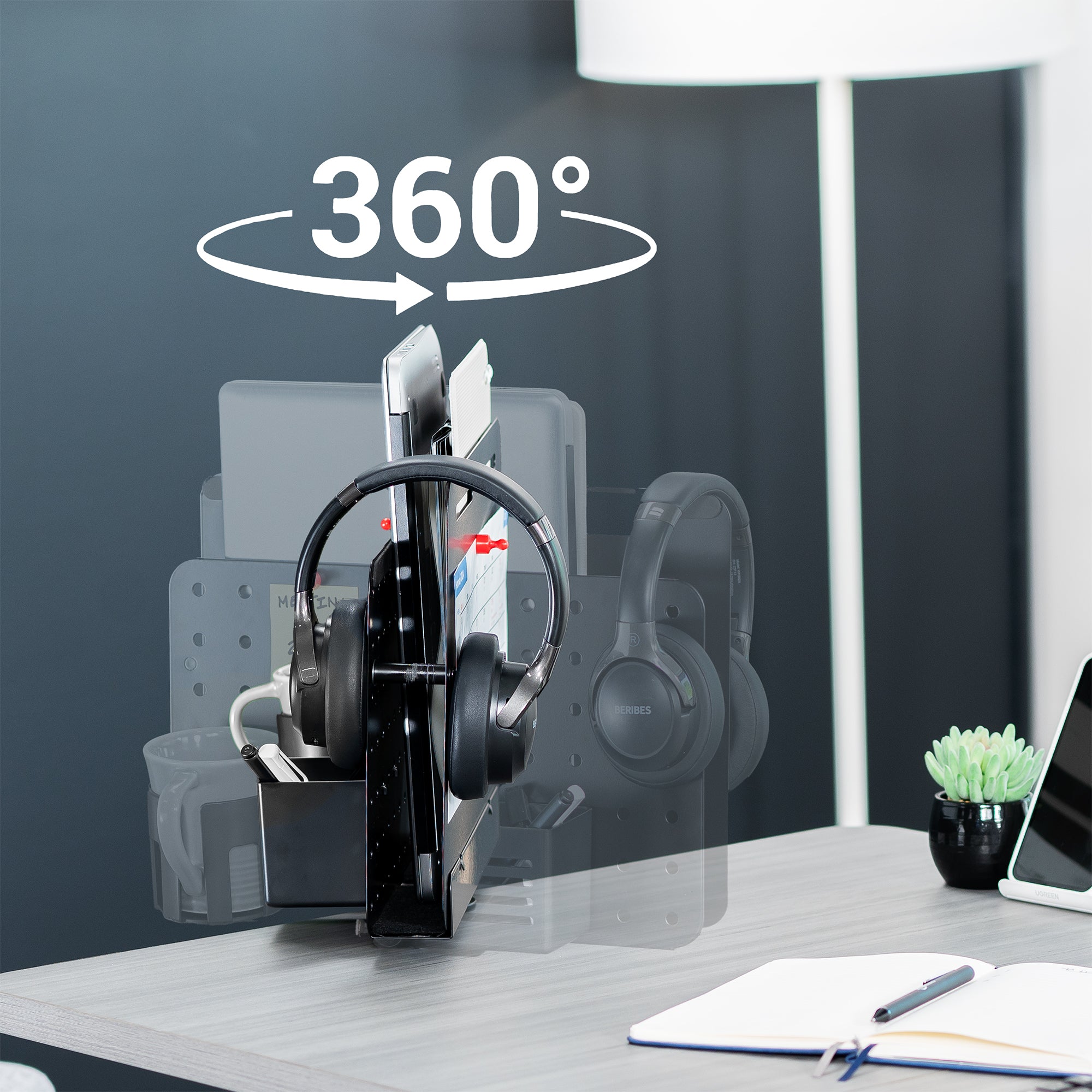 Clamp-on 360-degree rotating pegboard panel with laptop holder for storage and privacy with accessories included. Featuring flexible placement and an easy assembly process.