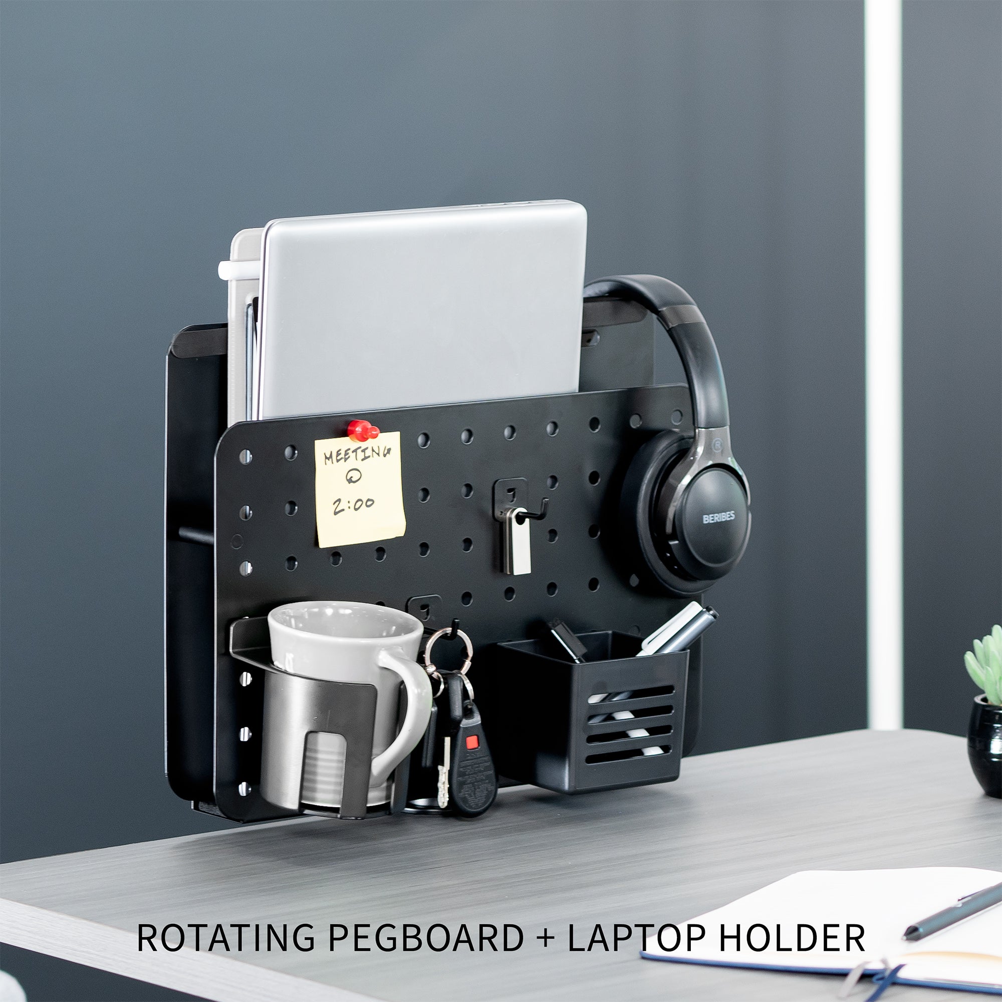 Clamp-on 360-degree rotating pegboard panel with laptop holder for storage and privacy with accessories included. Featuring flexible placement and an easy assembly process.