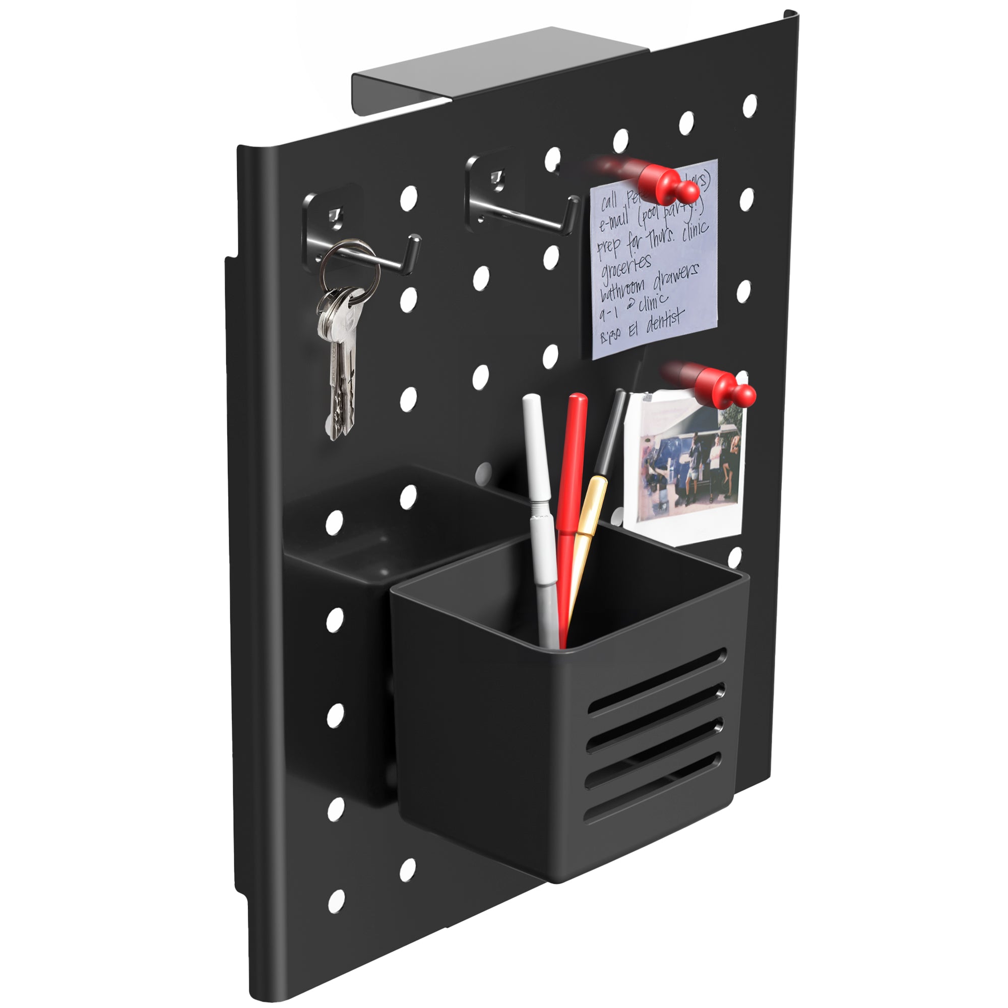 Hanging pegboard for office, home, school, workshop, and more with flexible placement options. Accessories included and zero assembly required!