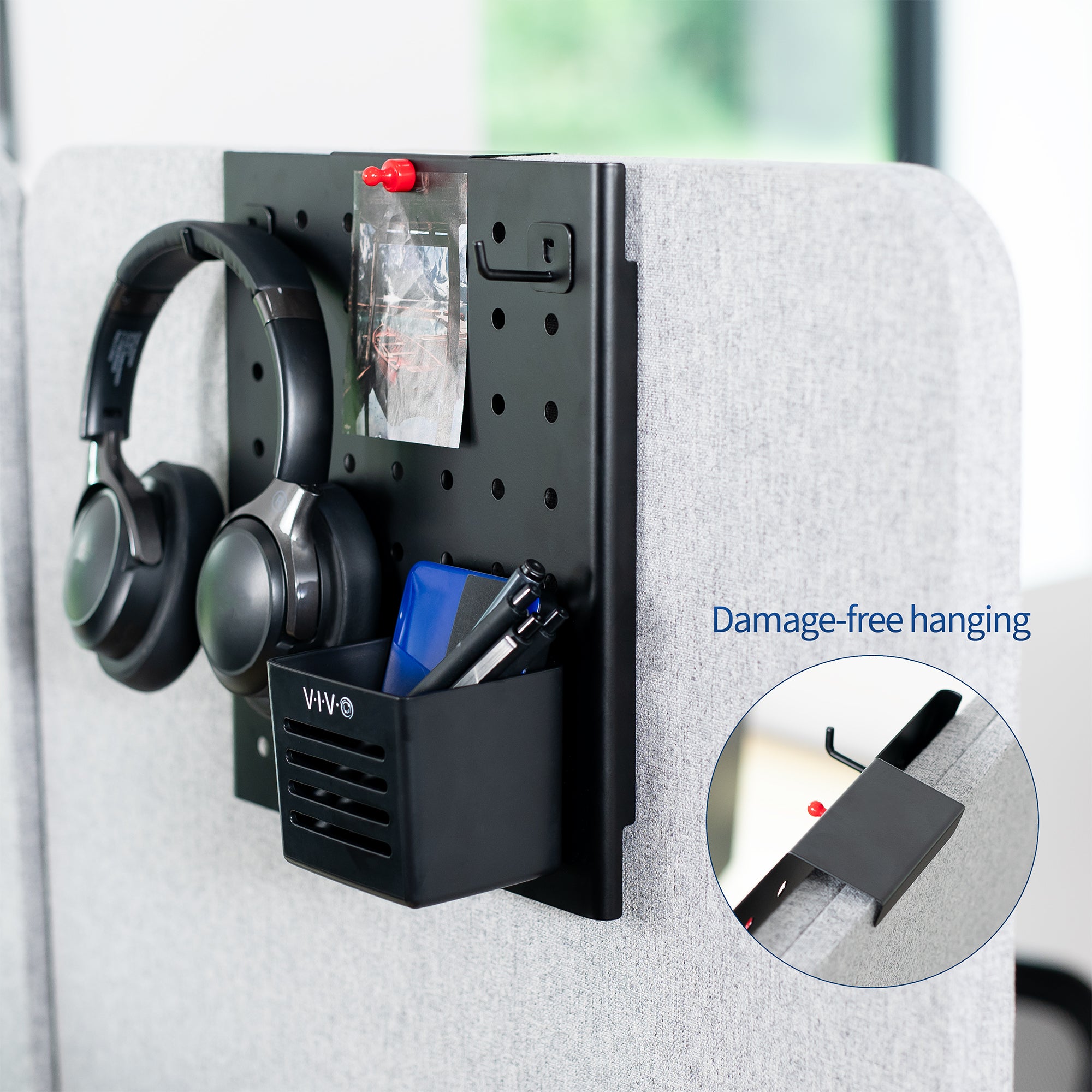Hanging pegboard for office, home, school, workshop, and more with flexible placement options. Accessories included and zero assembly required!